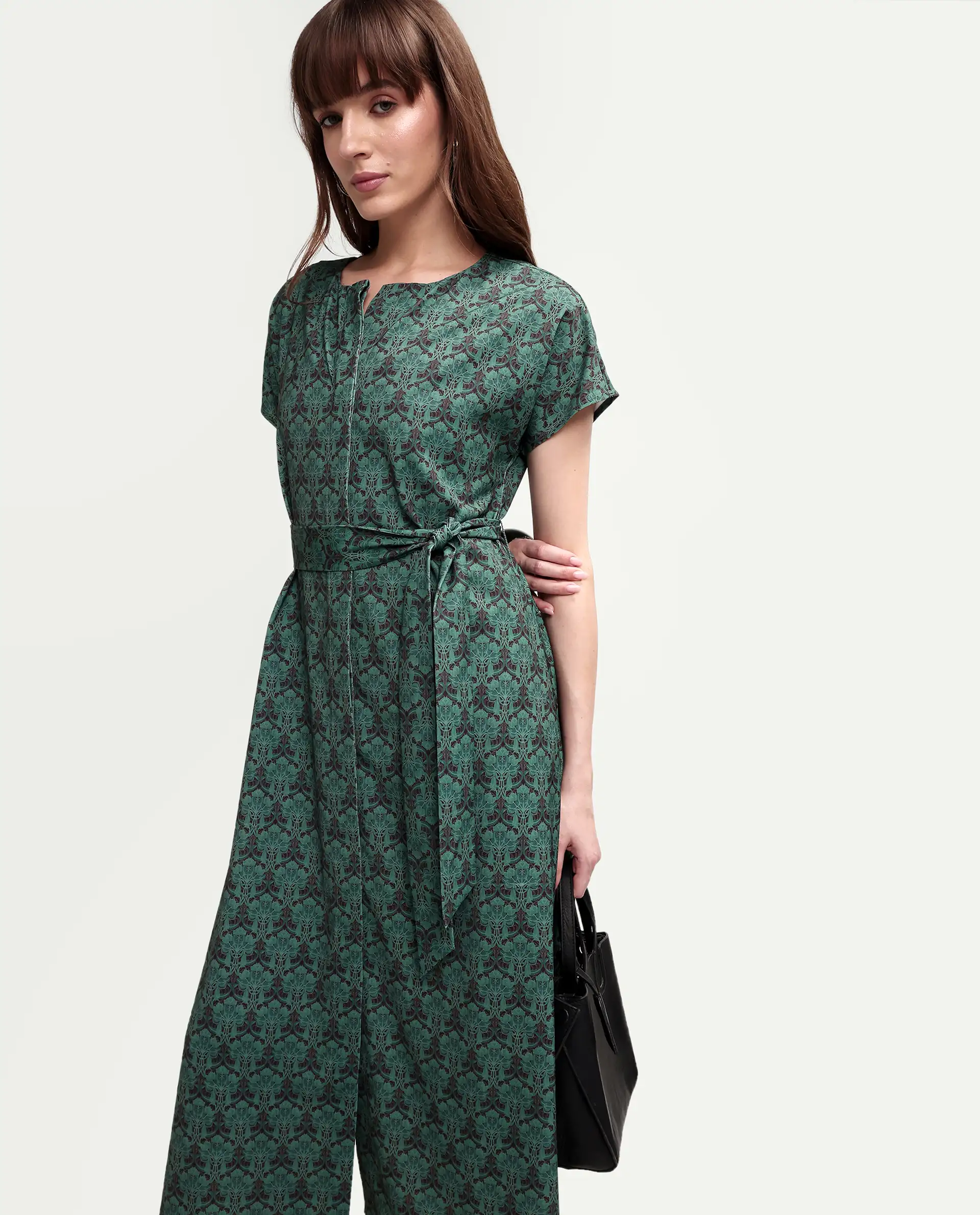 Rareism Women's Addani Dark Green Polyester Fabric Half Sleeve Crew Neck A-Line Floral Print Dress - Image 6
