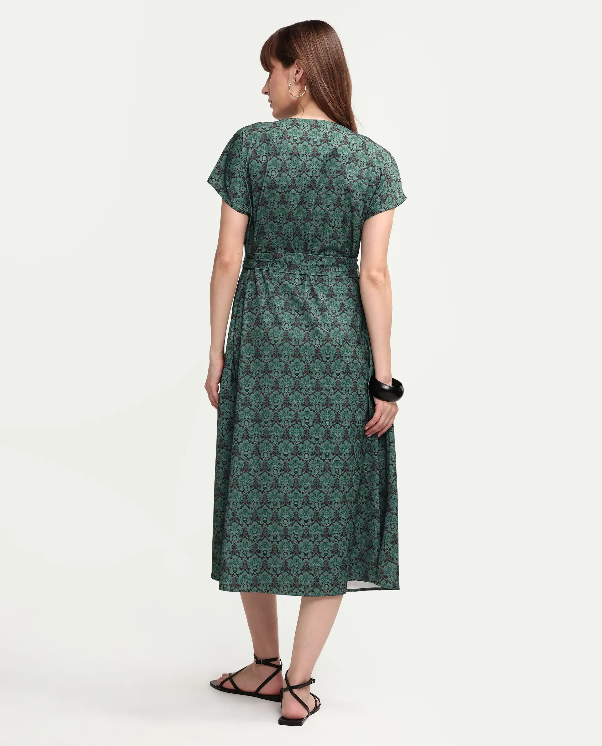 Rareism Women's Addani Dark Green Polyester Fabric Half Sleeve Crew Neck A-Line Floral Print Dress - Image 7