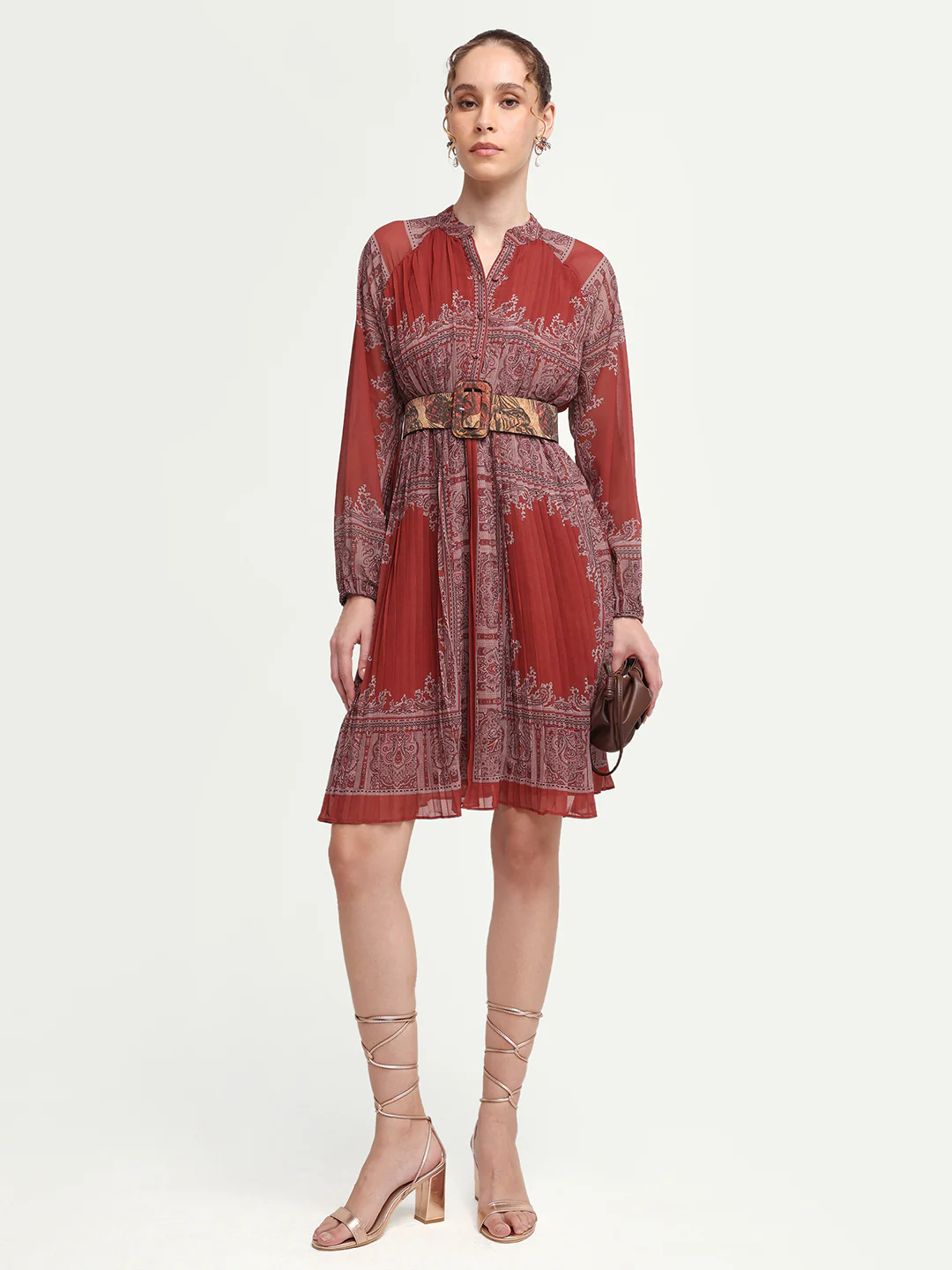 Rareism Women's Addene Rust Polyester Mandarin Collar Button Flared Bandana Print Dress