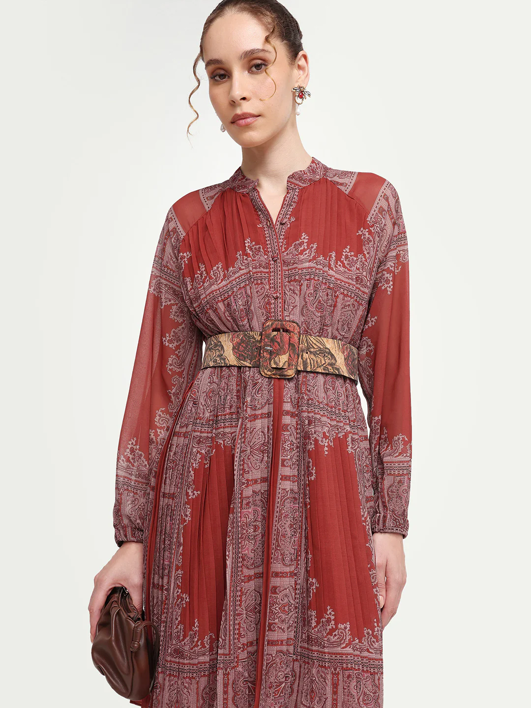 Rareism Women's Addene Rust Polyester Mandarin Collar Button Flared Bandana Print Dress - Image 2