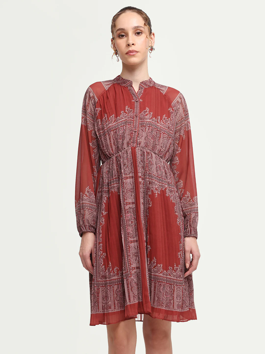 Rareism Women's Addene Rust Polyester Mandarin Collar Button Flared Bandana Print Dress - Image 3