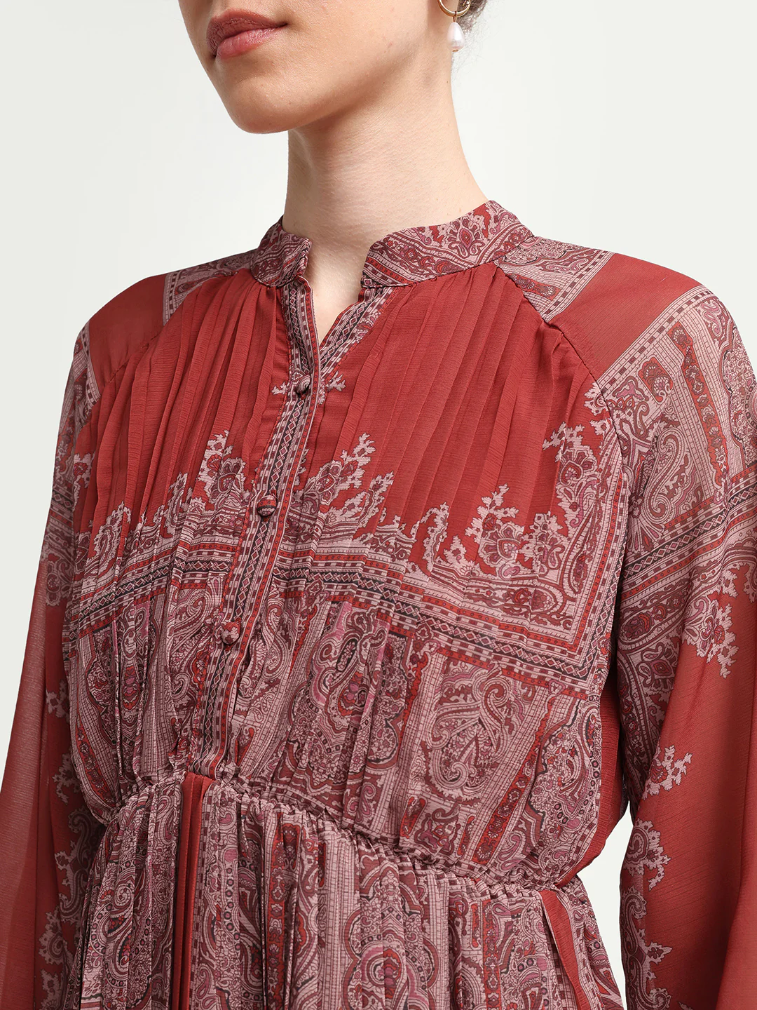 Rareism Women's Addene Rust Polyester Mandarin Collar Button Flared Bandana Print Dress - Image 4