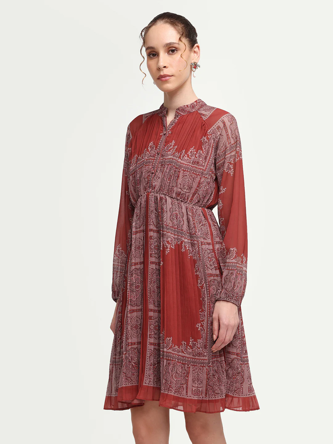 Rareism Women's Addene Rust Polyester Mandarin Collar Button Flared Bandana Print Dress - Image 5