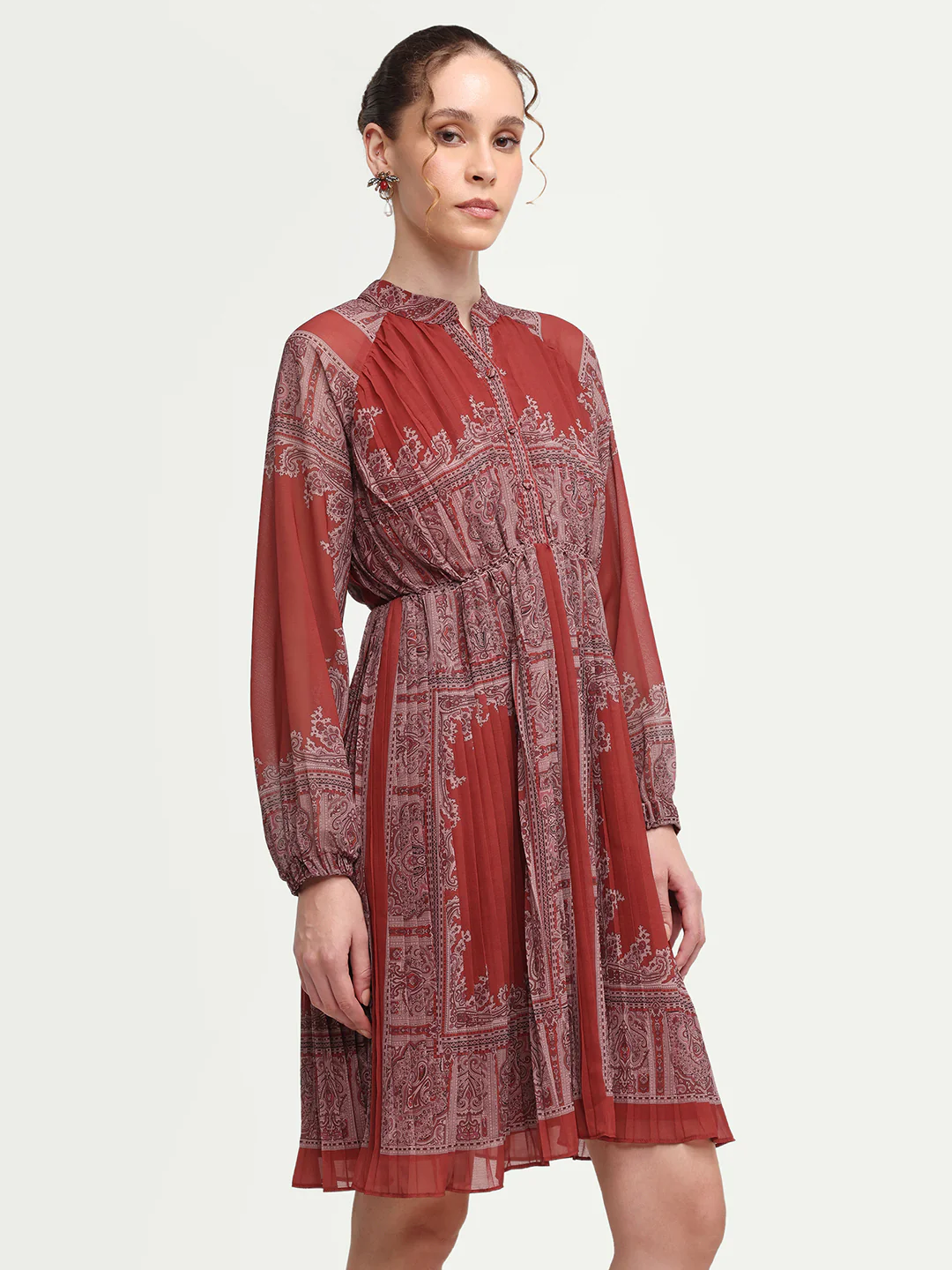 Rareism Women's Addene Rust Polyester Mandarin Collar Button Flared Bandana Print Dress - Image 6