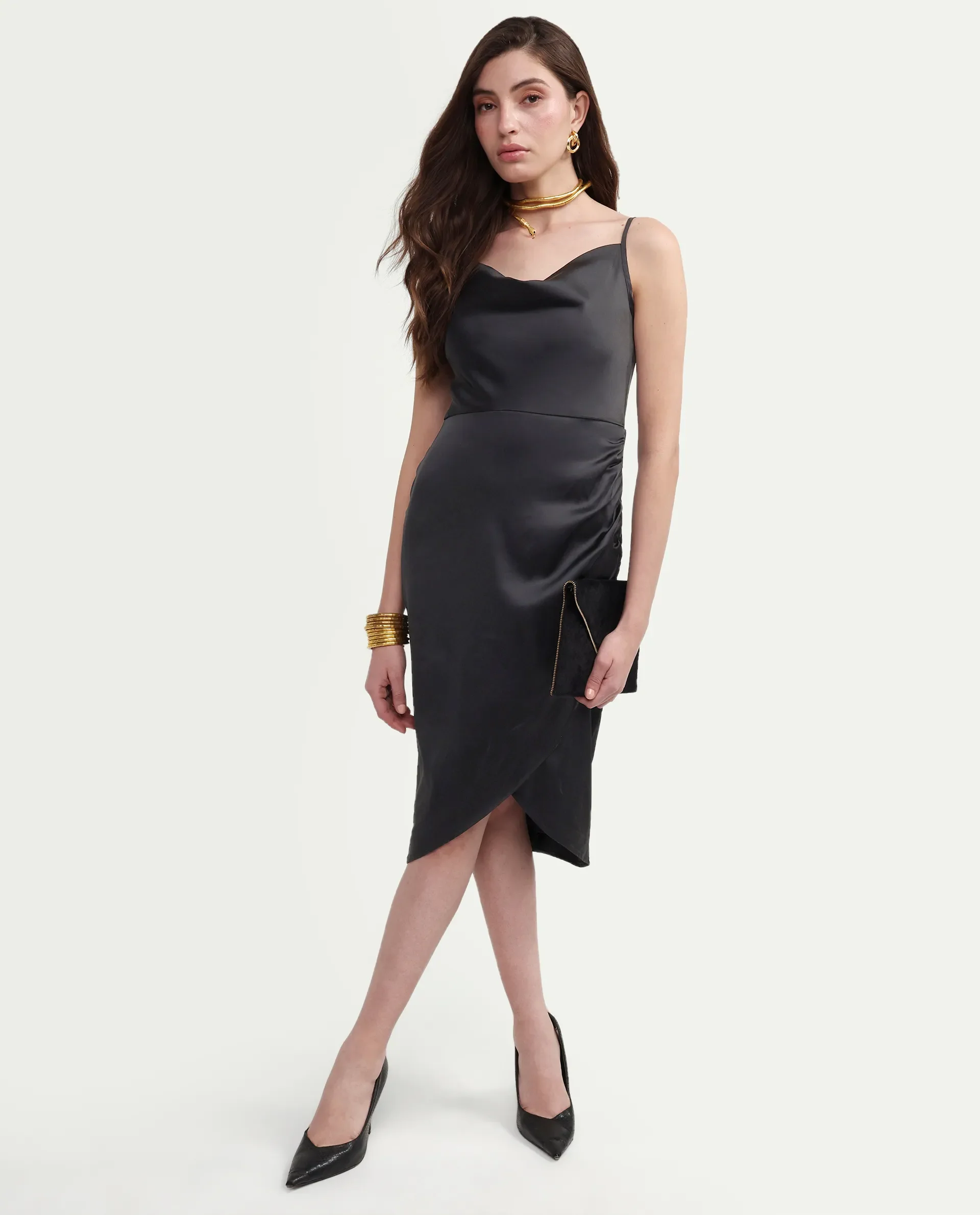 Rareism Women's Addilu Black Polyester Shoulder Straps Zipper Fitted Plain Dress - Image 2