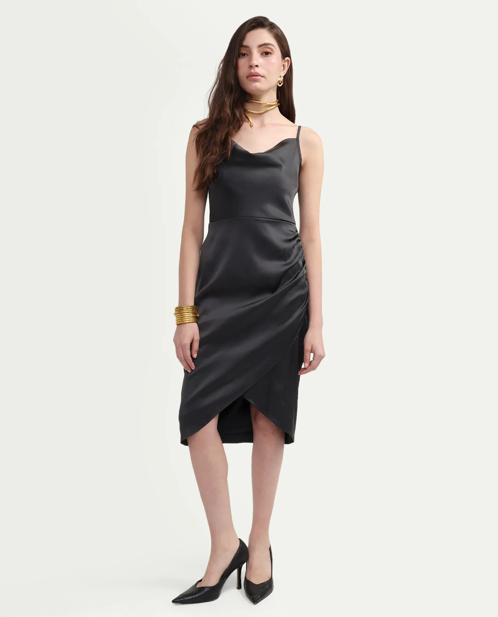 Rareism Women's Addilu Black Polyester Shoulder Straps Zipper Fitted Plain Dress - Image 4