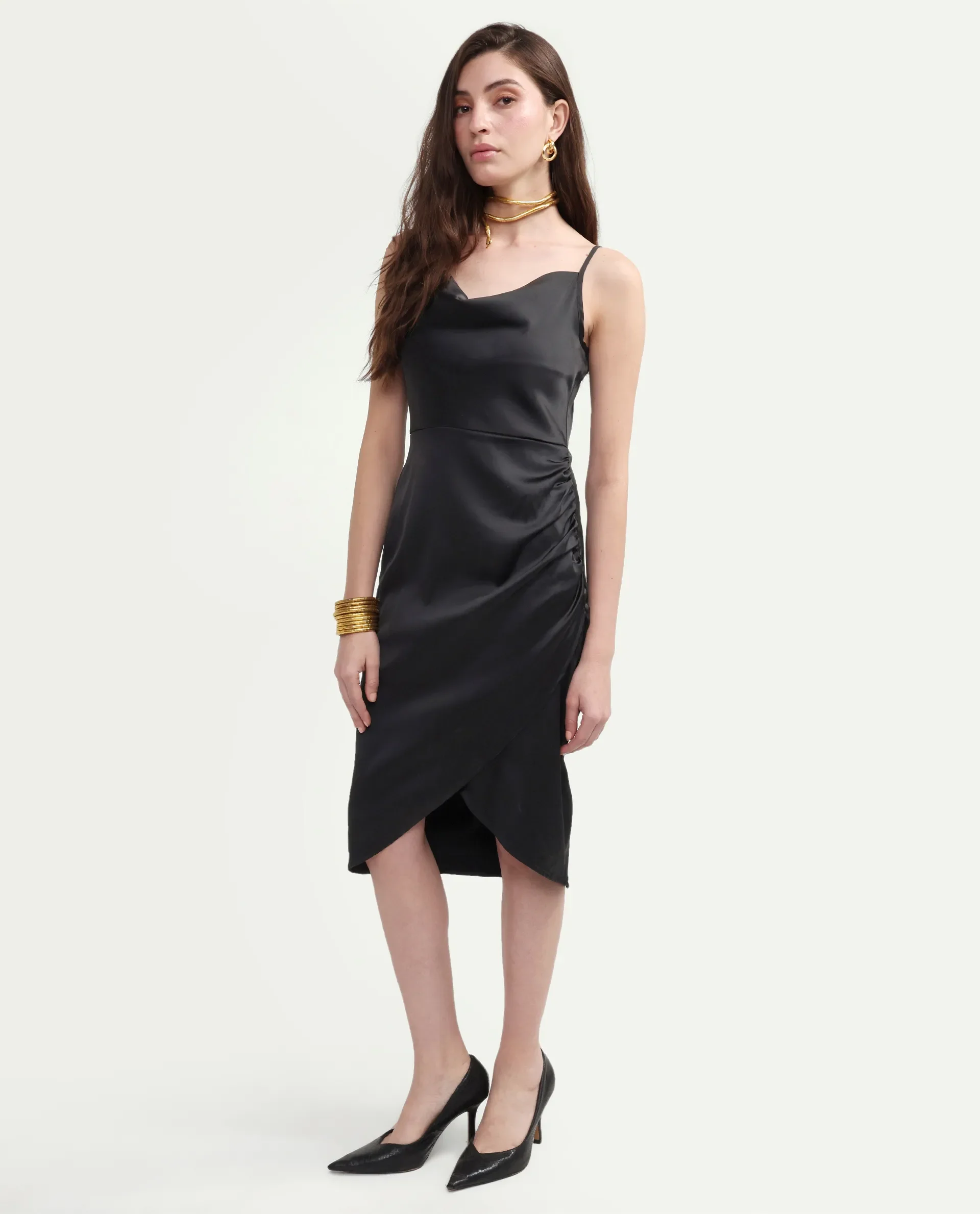 Rareism Women's Addilu Black Polyester Shoulder Straps Zipper Fitted Plain Dress - Image 5