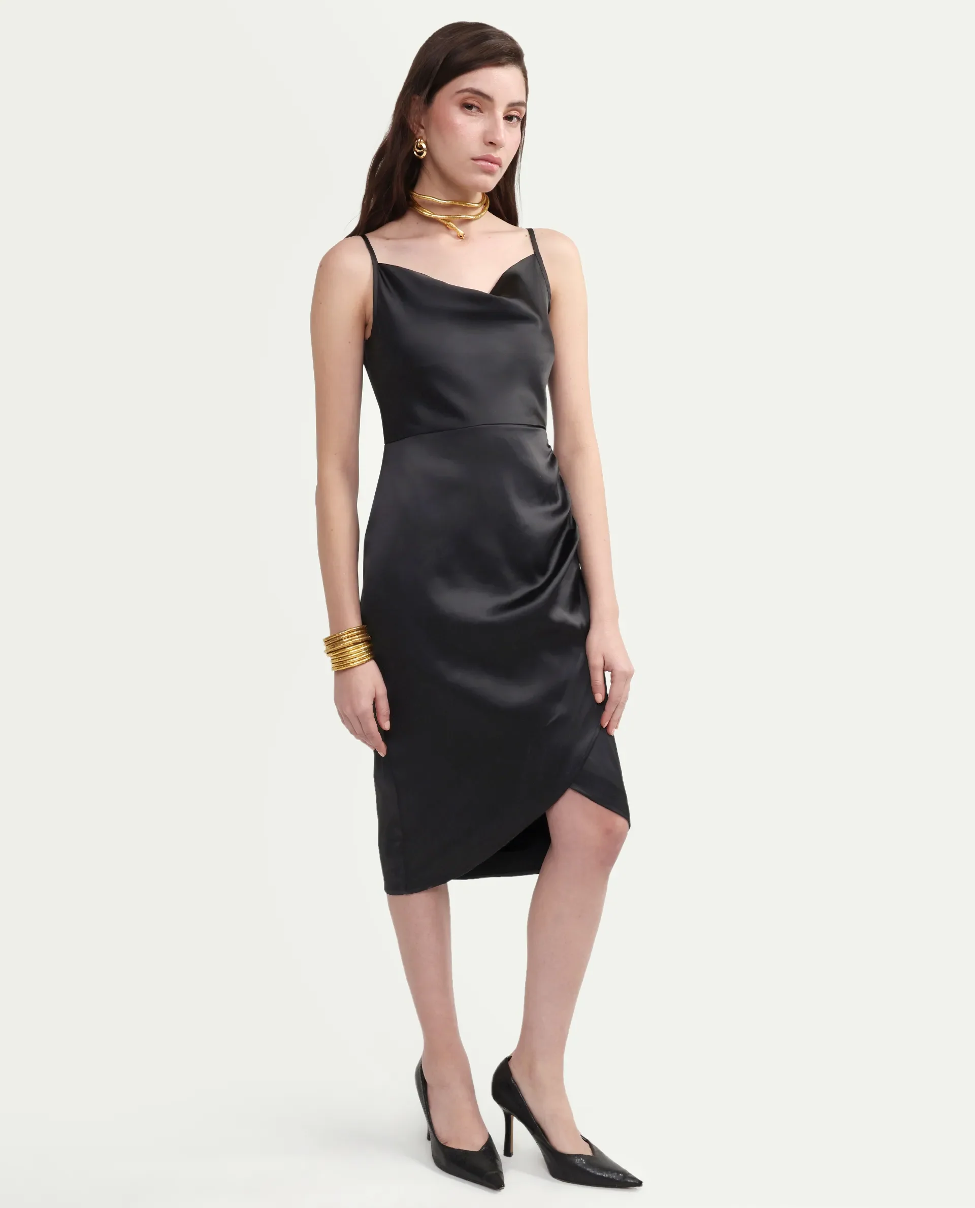 Rareism Women's Addilu Black Polyester Shoulder Straps Zipper Fitted Plain Dress - Image 6