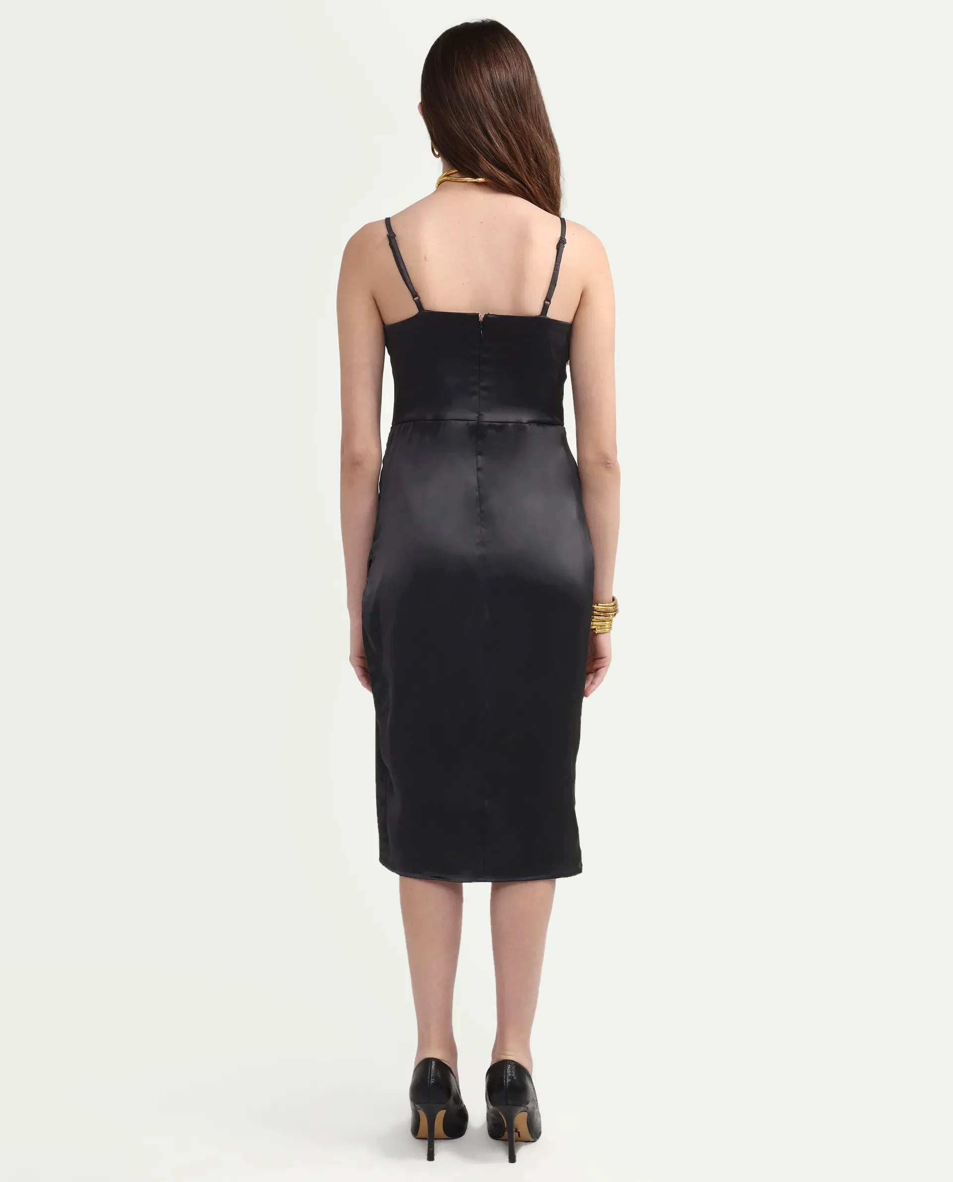 Rareism Women's Addilu Black Polyester Shoulder Straps Zipper Fitted Plain Dress - Image 7