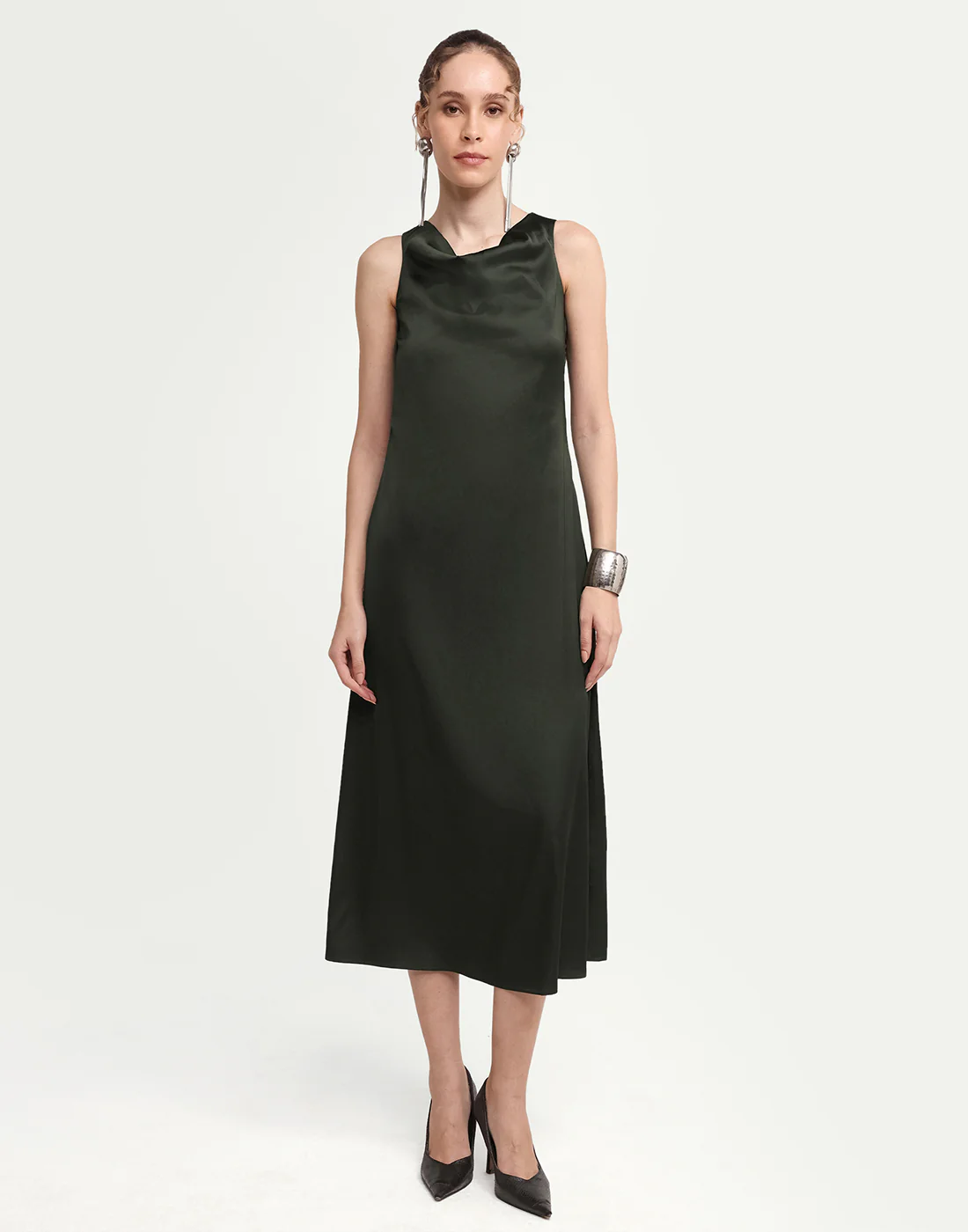 Rareism Women's Addina Olive Polyester Cowl Neck Pull-On Bodycon Plain Dress - Image 2