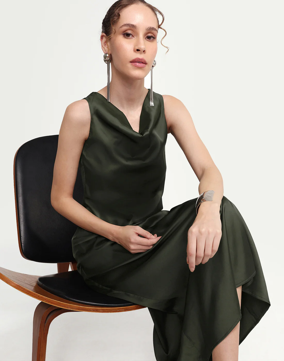 Rareism Women's Addina Olive Polyester Cowl Neck Pull-On Bodycon Plain Dress - Image 3
