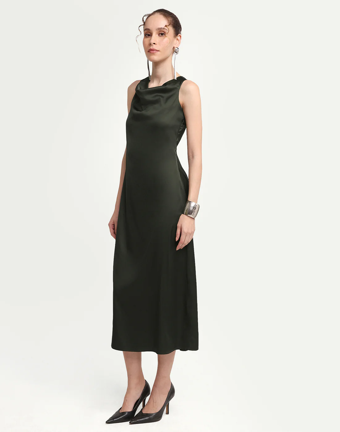 Rareism Women's Addina Olive Polyester Cowl Neck Pull-On Bodycon Plain Dress - Image 5