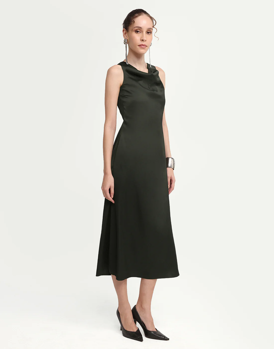 Rareism Women's Addina Olive Polyester Cowl Neck Pull-On Bodycon Plain Dress - Image 6