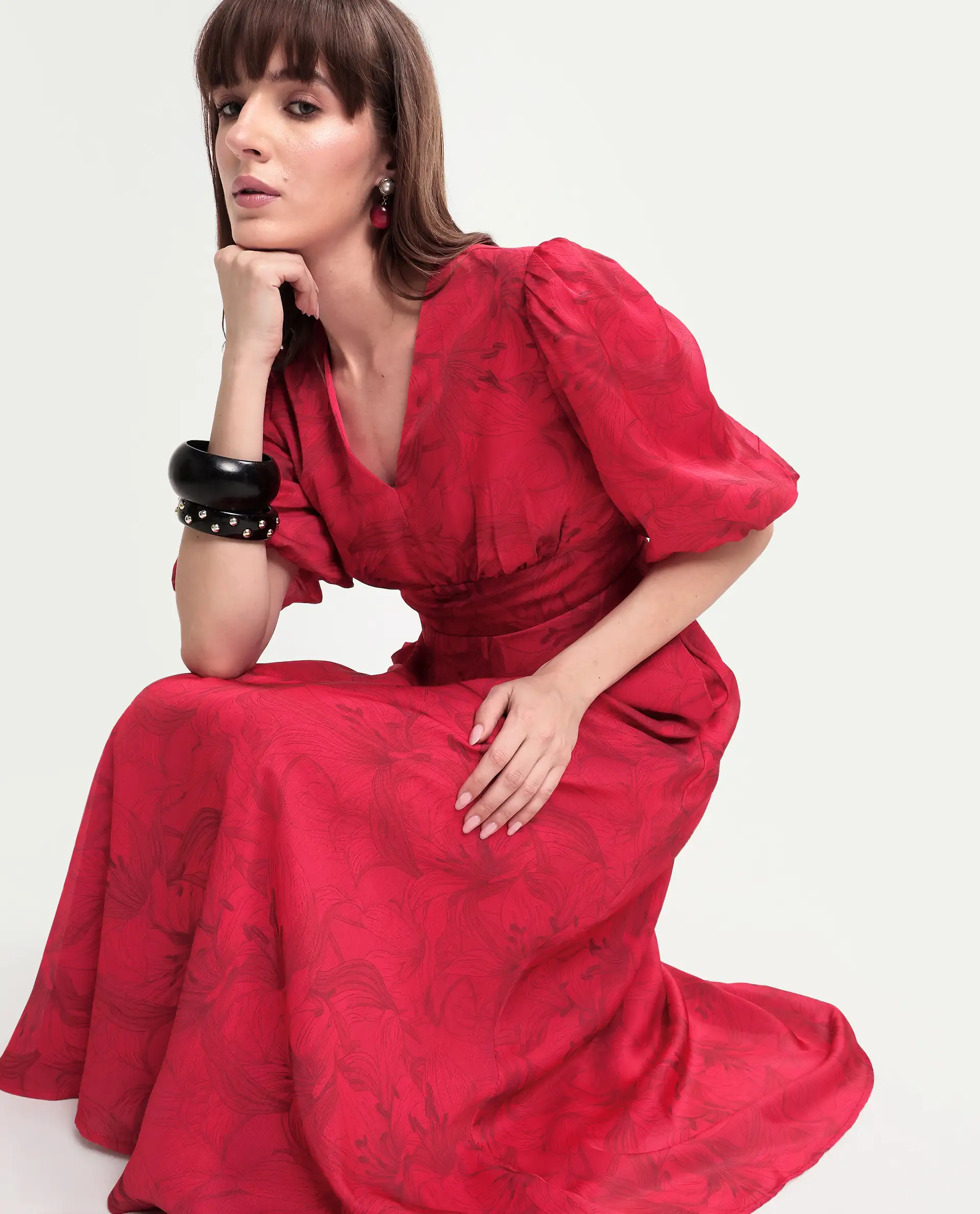 Rareism Women's Addkin Red Polyester Half Sleeve V-Neck A-Line Floral Print Dress - Image 2