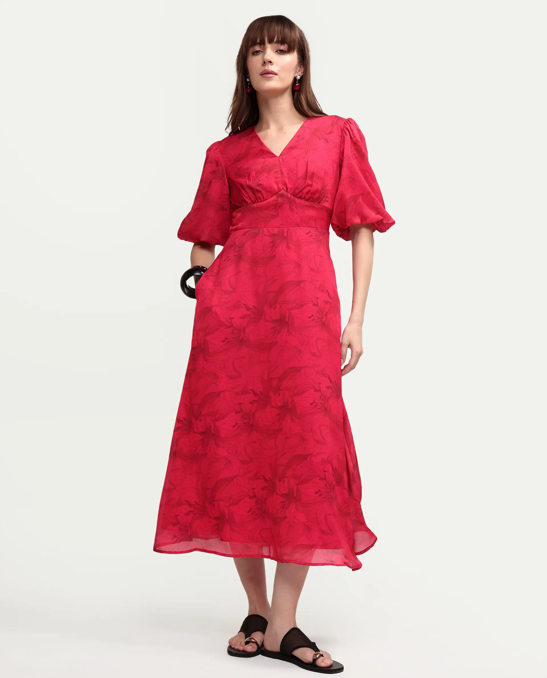 Rareism Women's Addkin Red Polyester Half Sleeve V-Neck A-Line Floral Print Dress - Image 3