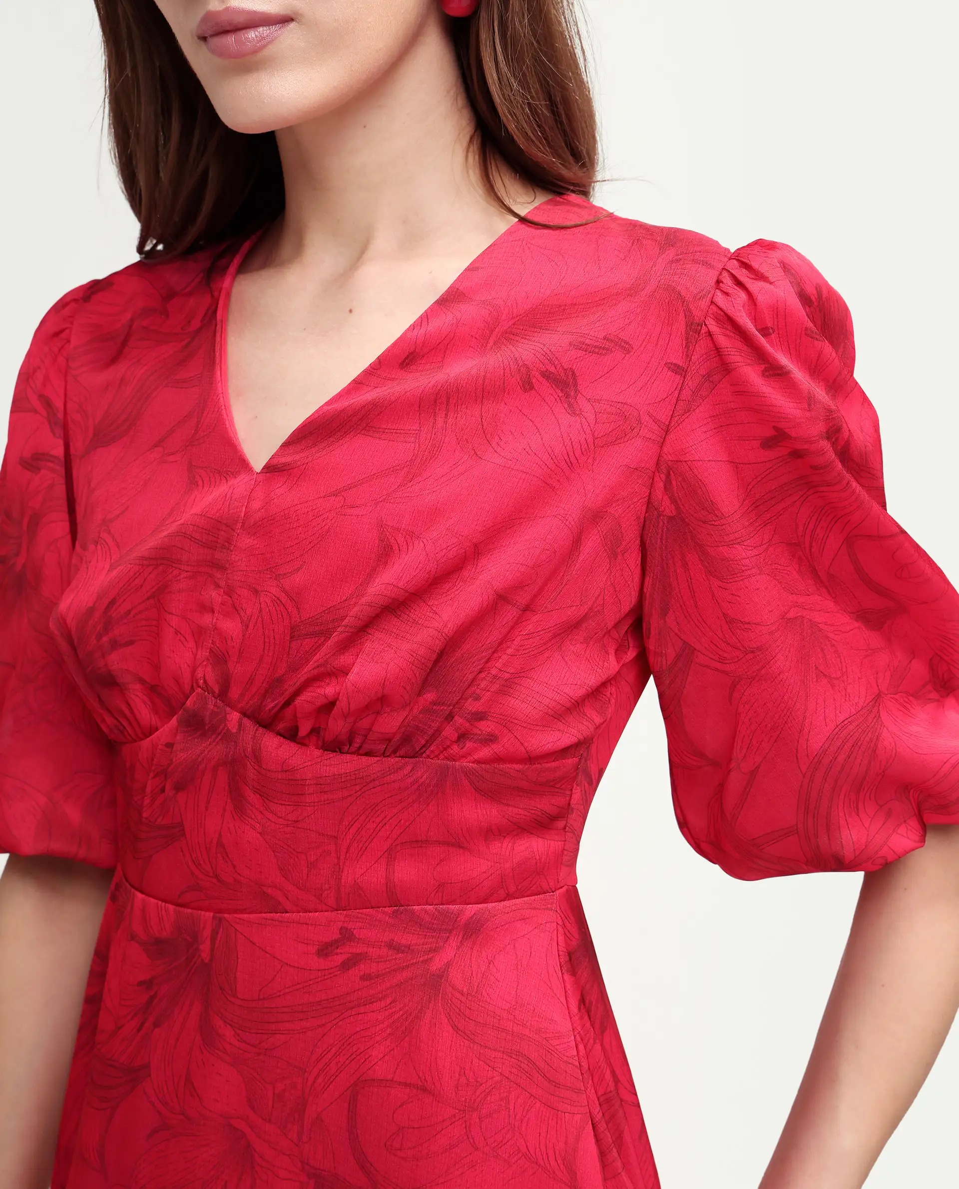 Rareism Women's Addkin Red Polyester Half Sleeve V-Neck A-Line Floral Print Dress - Image 4