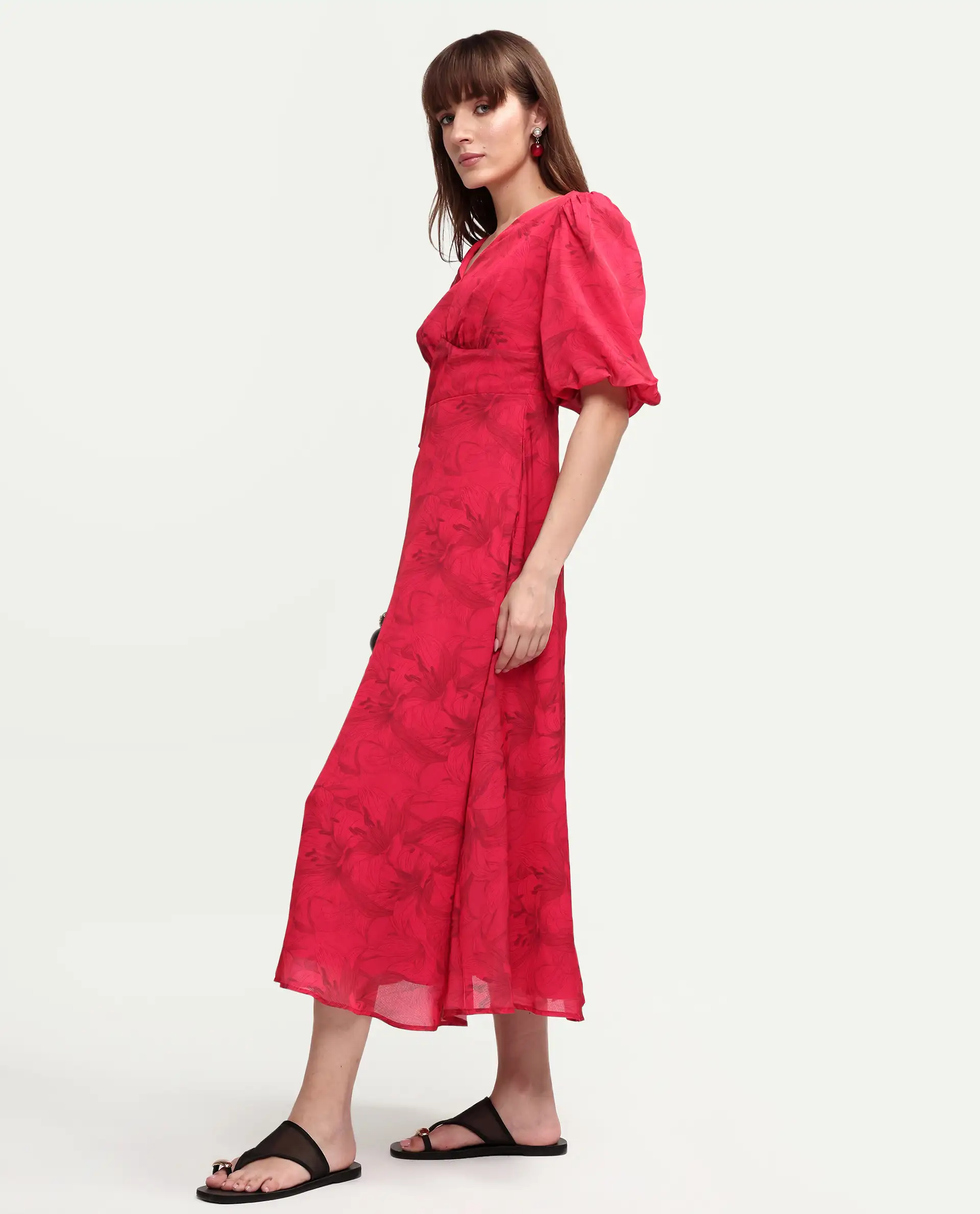 Rareism Women's Addkin Red Polyester Half Sleeve V-Neck A-Line Floral Print Dress - Image 5
