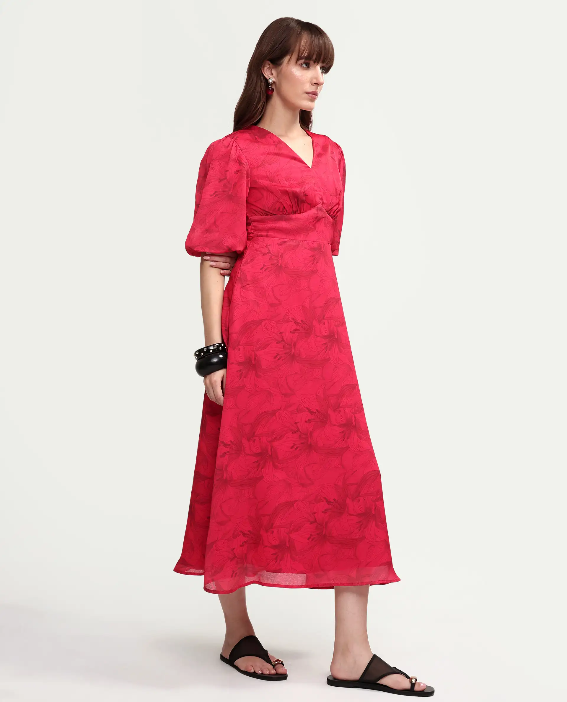 Rareism Women's Addkin Red Polyester Half Sleeve V-Neck A-Line Floral Print Dress - Image 6