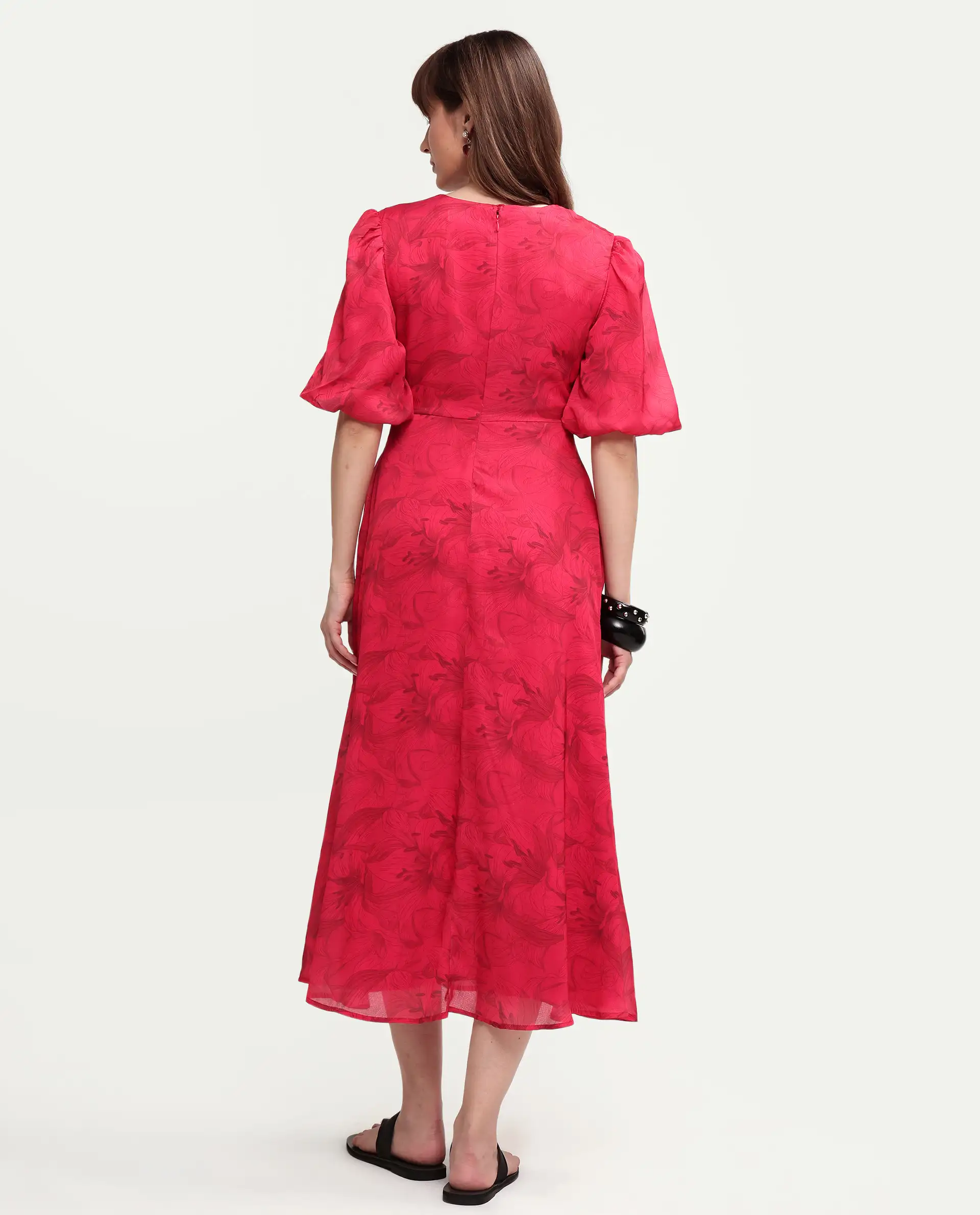 Rareism Women's Addkin Red Polyester Half Sleeve V-Neck A-Line Floral Print Dress - Image 7
