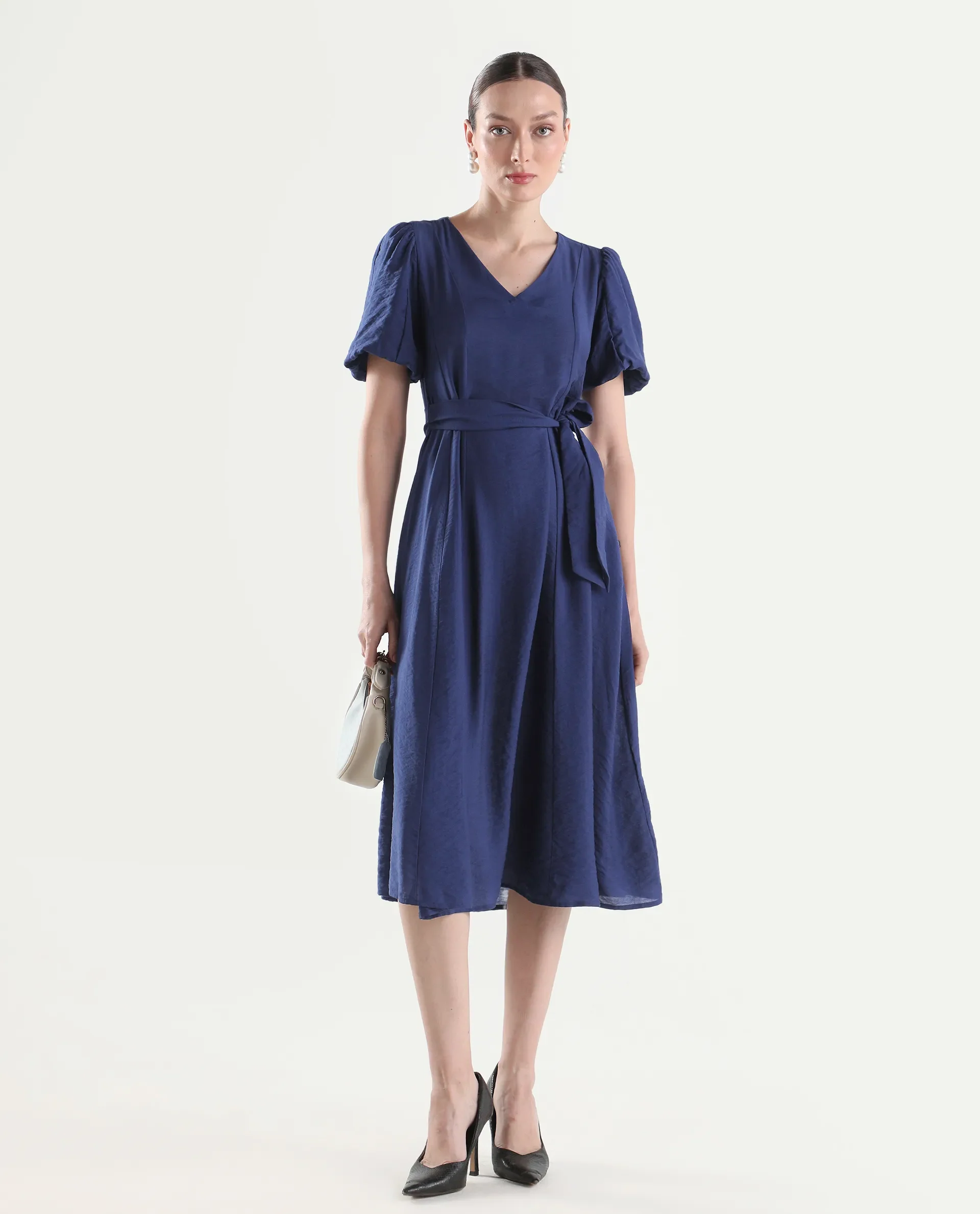 Rareism Women's Addvan Navy Half Sleeve V-Neck A-Line Plain Dress - Image 2