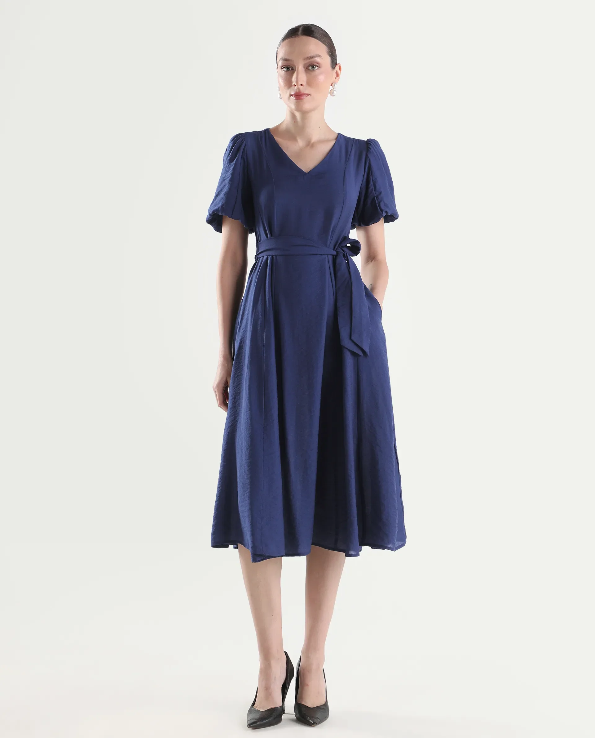 Rareism Women's Addvan Navy Half Sleeve V-Neck A-Line Plain Dress - Image 3