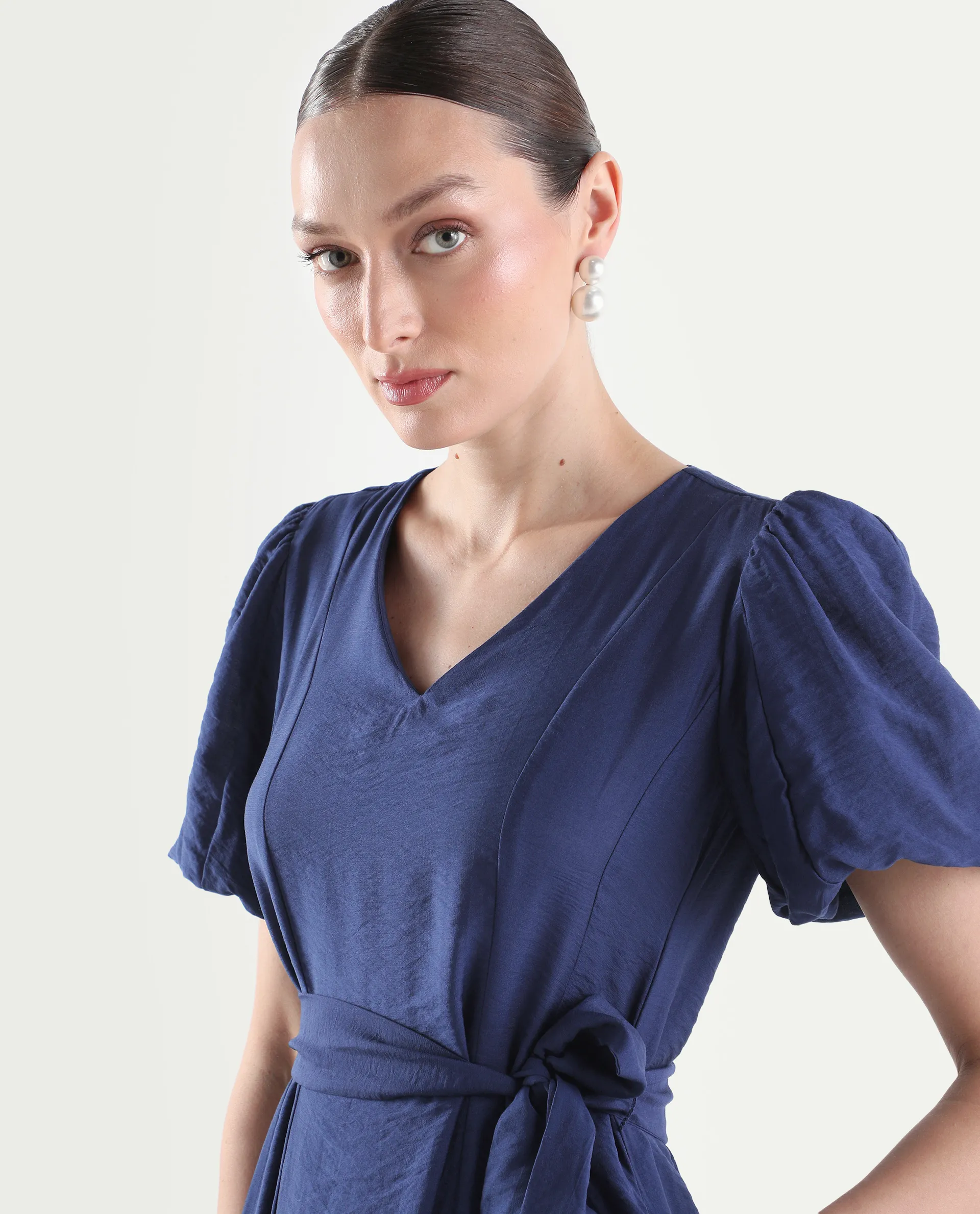 Rareism Women's Addvan Navy Half Sleeve V-Neck A-Line Plain Dress - Image 4