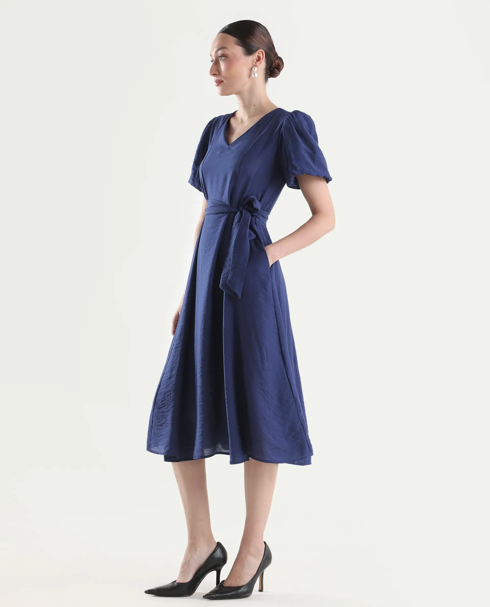 Rareism Women's Addvan Navy Half Sleeve V-Neck A-Line Plain Dress - Image 5