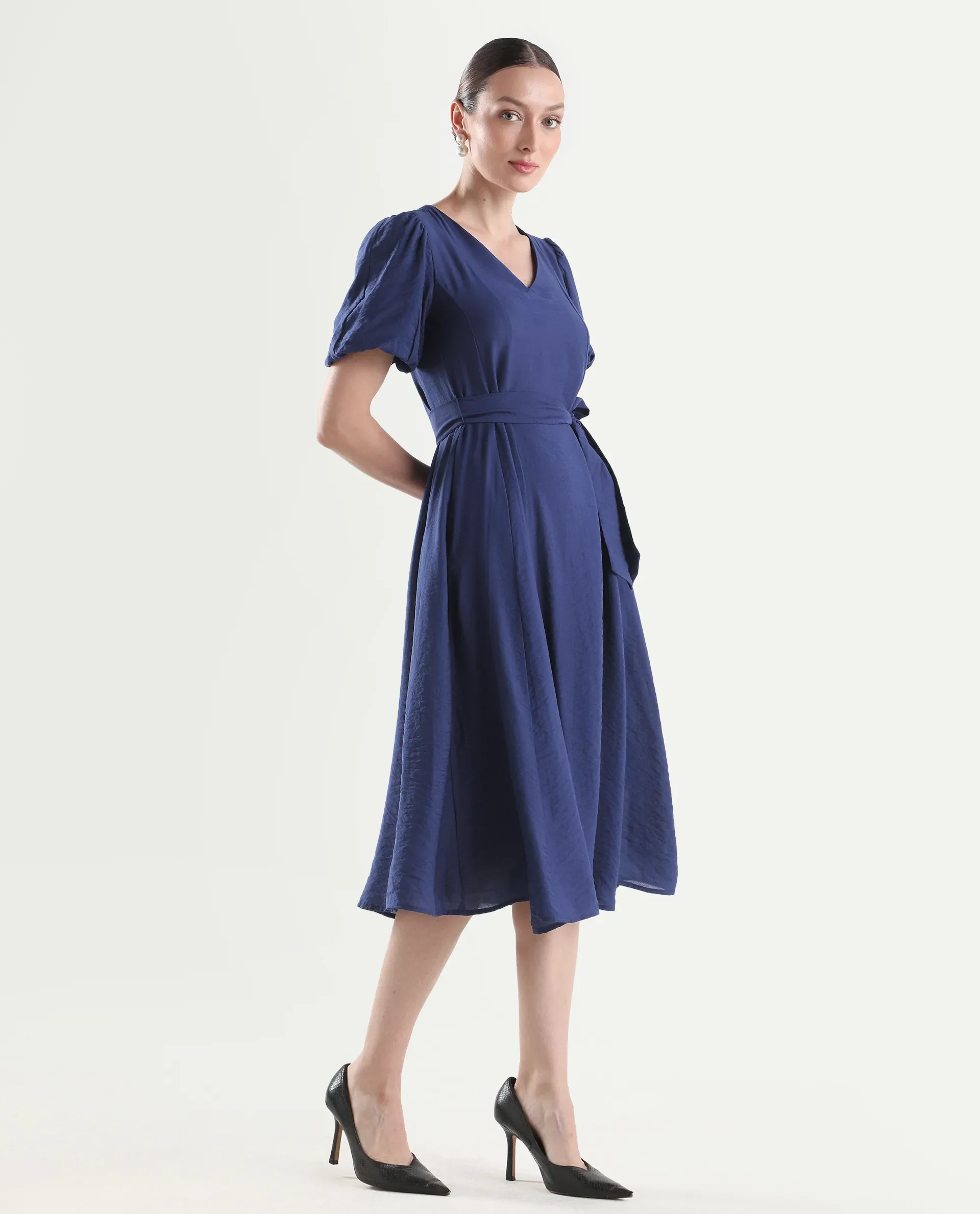 Rareism Women's Addvan Navy Half Sleeve V-Neck A-Line Plain Dress - Image 6