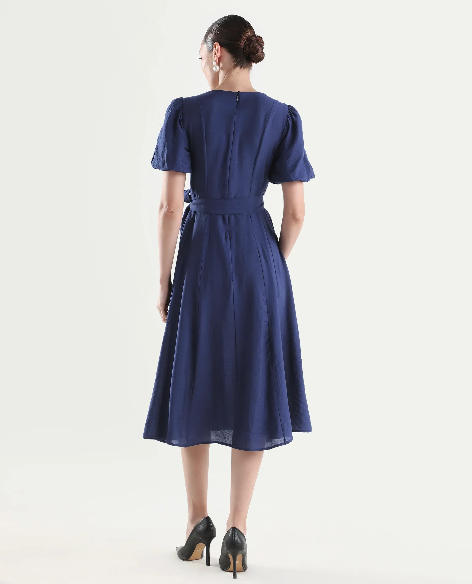 Rareism Women's Addvan Navy Half Sleeve V-Neck A-Line Plain Dress - Image 7