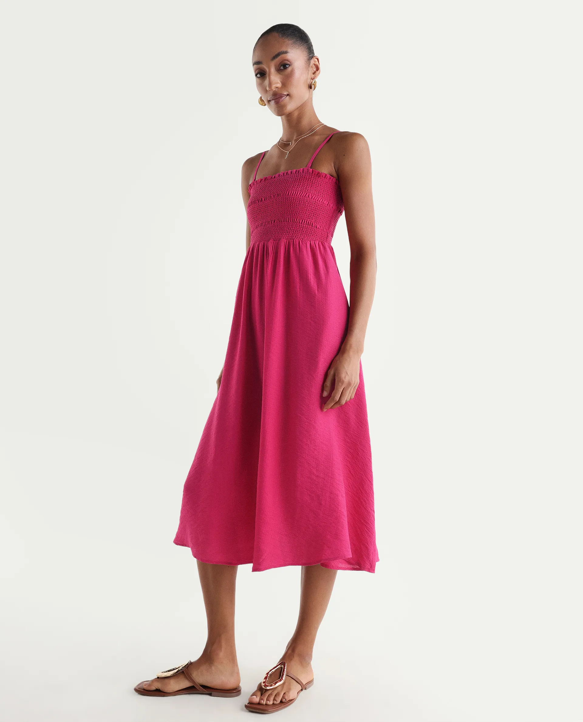 Rareism Women's Addzozo Pink Viscose Blend Sleeveless Tube Neck Elastic Fit And Flare Plain Dress - Image 4