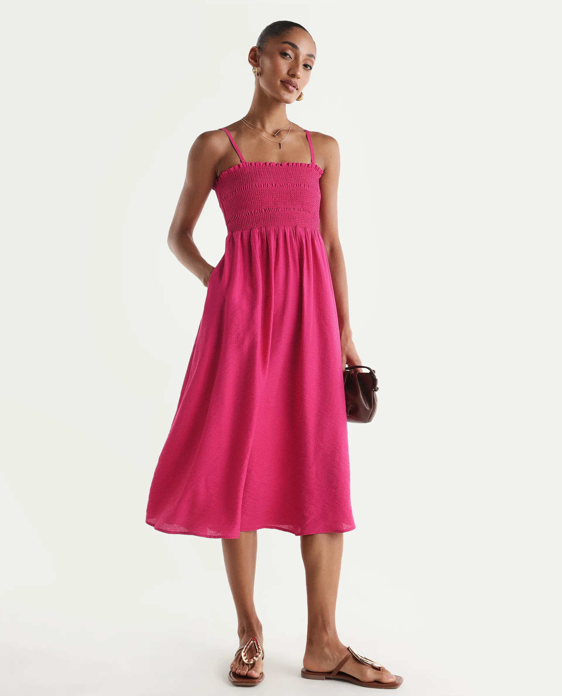 Rareism Women's Addzozo Pink Viscose Blend Sleeveless Tube Neck Elastic Fit And Flare Plain Dress - Image 5
