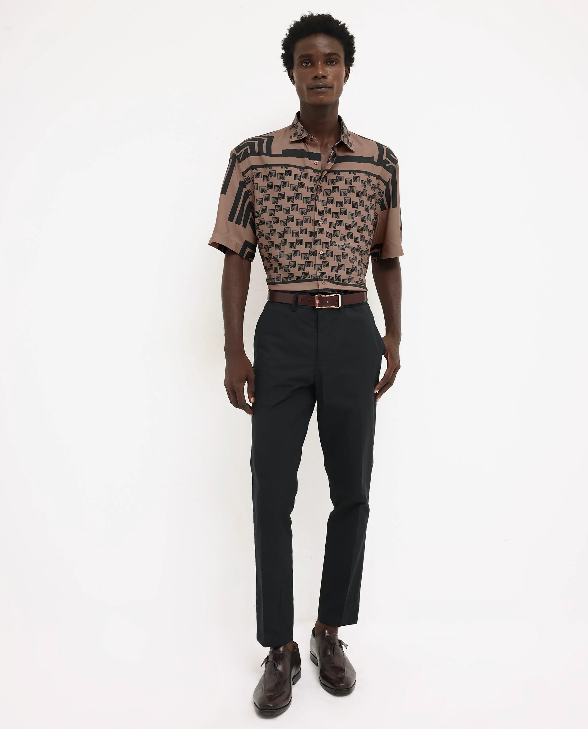 Rare Rabbit Men's Ade Brown Viscose Monogram Print Boxy Fit Half Sleeve Collared Shirt - Image 2