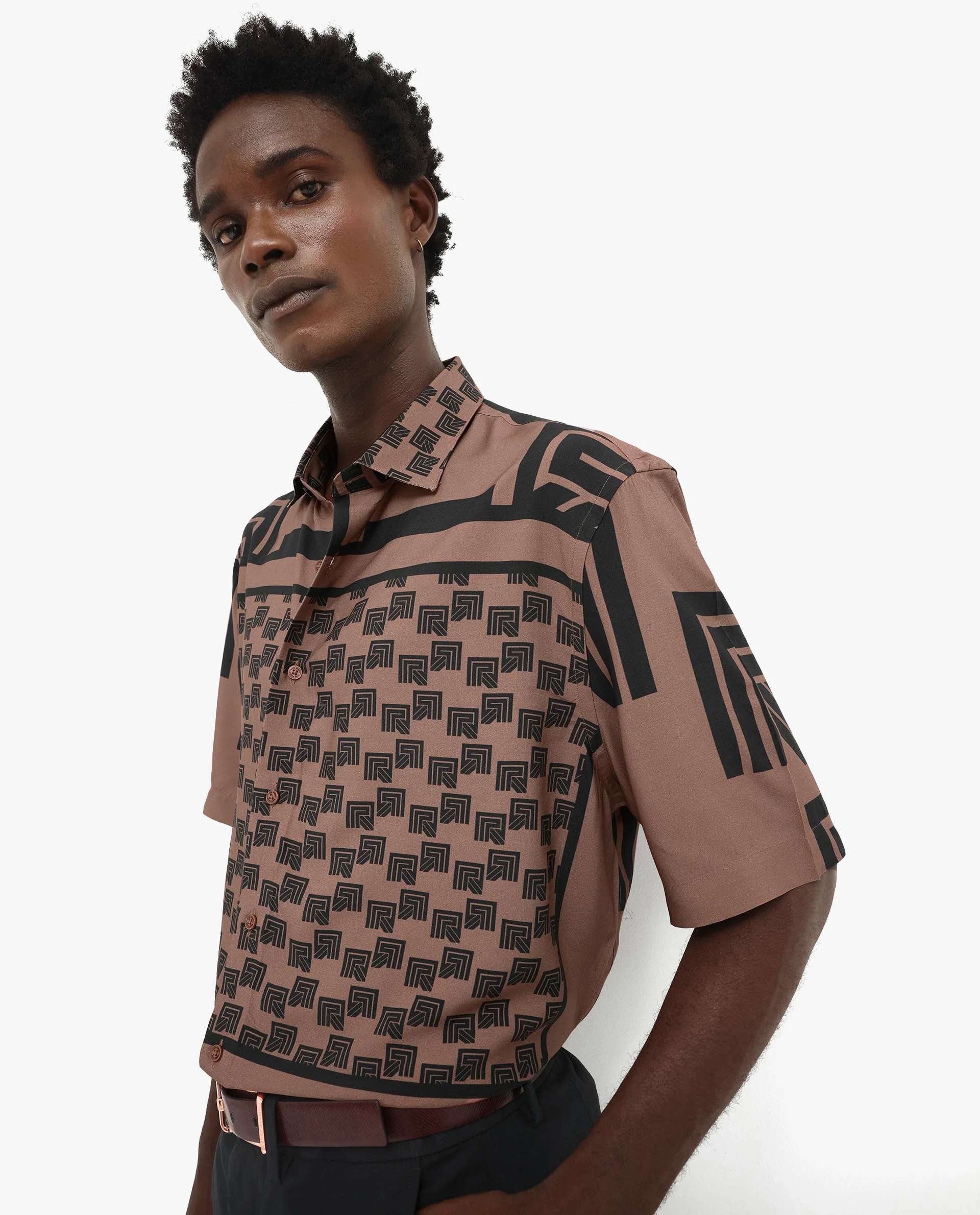Rare Rabbit Men's Ade Brown Viscose Monogram Print Boxy Fit Half Sleeve Collared Shirt - Image 3