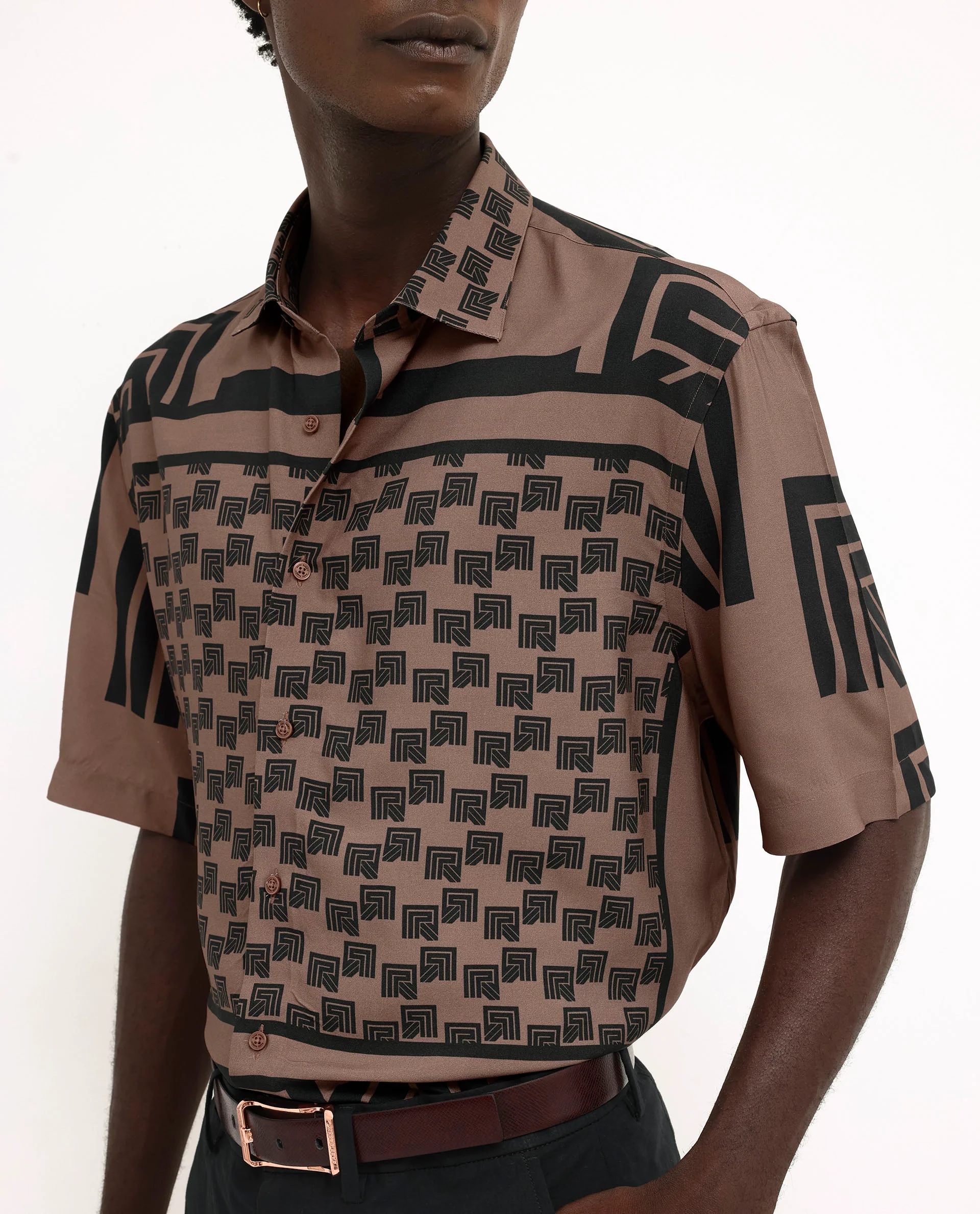 Rare Rabbit Men's Ade Brown Viscose Monogram Print Boxy Fit Half Sleeve Collared Shirt - Image 4