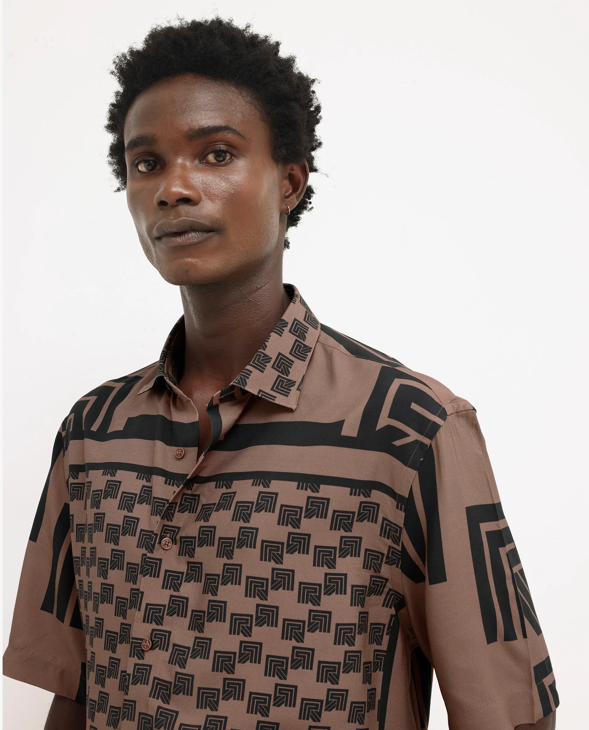 Rare Rabbit Men's Ade Brown Viscose Monogram Print Boxy Fit Half Sleeve Collared Shirt - Image 5
