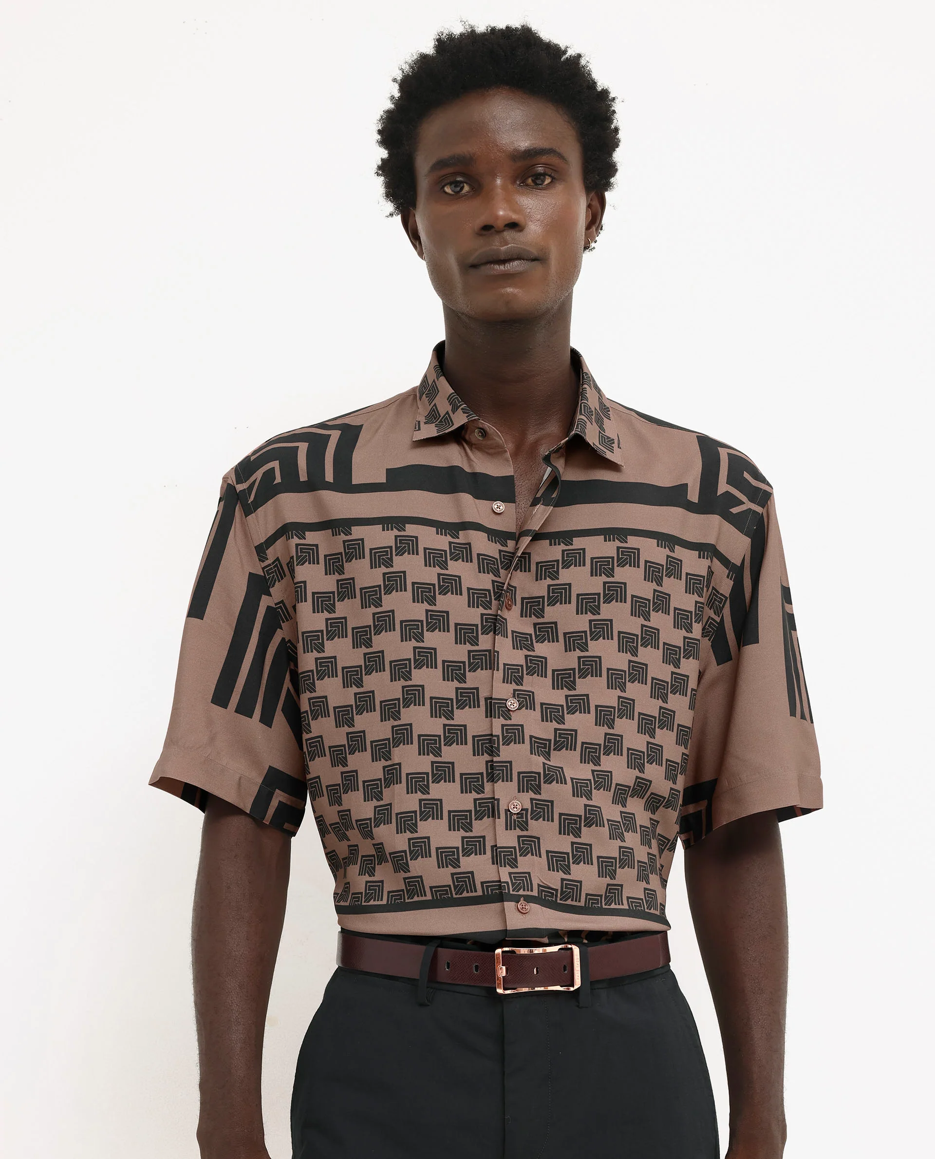 Rare Rabbit Men's Ade Brown Viscose Monogram Print Boxy Fit Half Sleeve Collared Shirt - Image 6