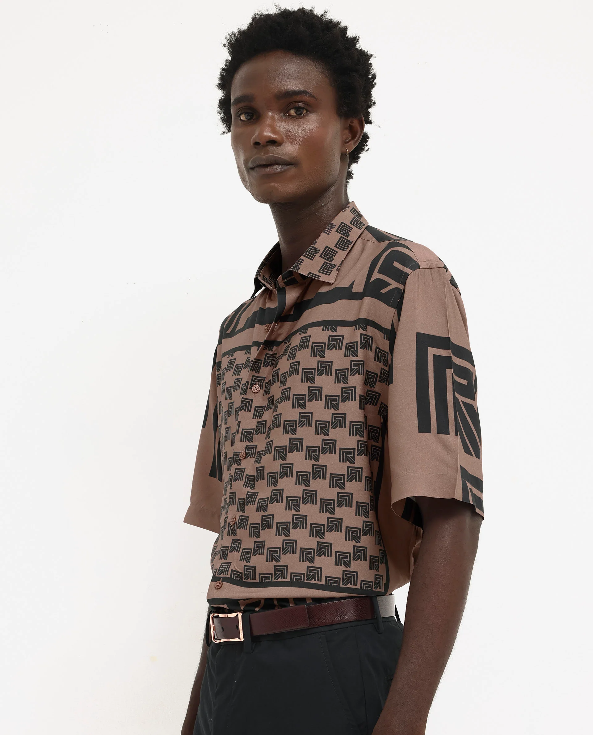 Rare Rabbit Men's Ade Brown Viscose Monogram Print Boxy Fit Half Sleeve Collared Shirt - Image 7