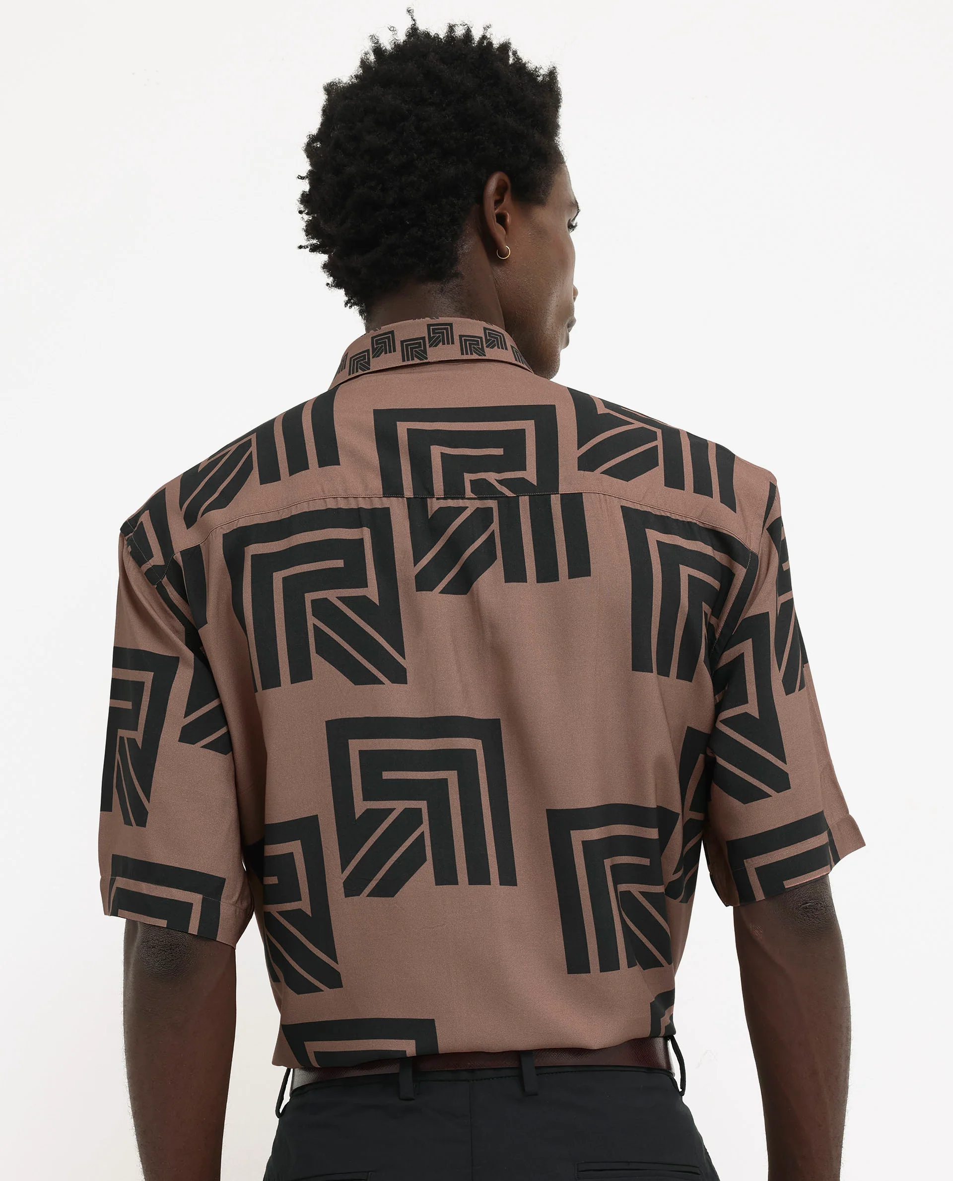Rare Rabbit Men's Ade Brown Viscose Monogram Print Boxy Fit Half Sleeve Collared Shirt - Image 8