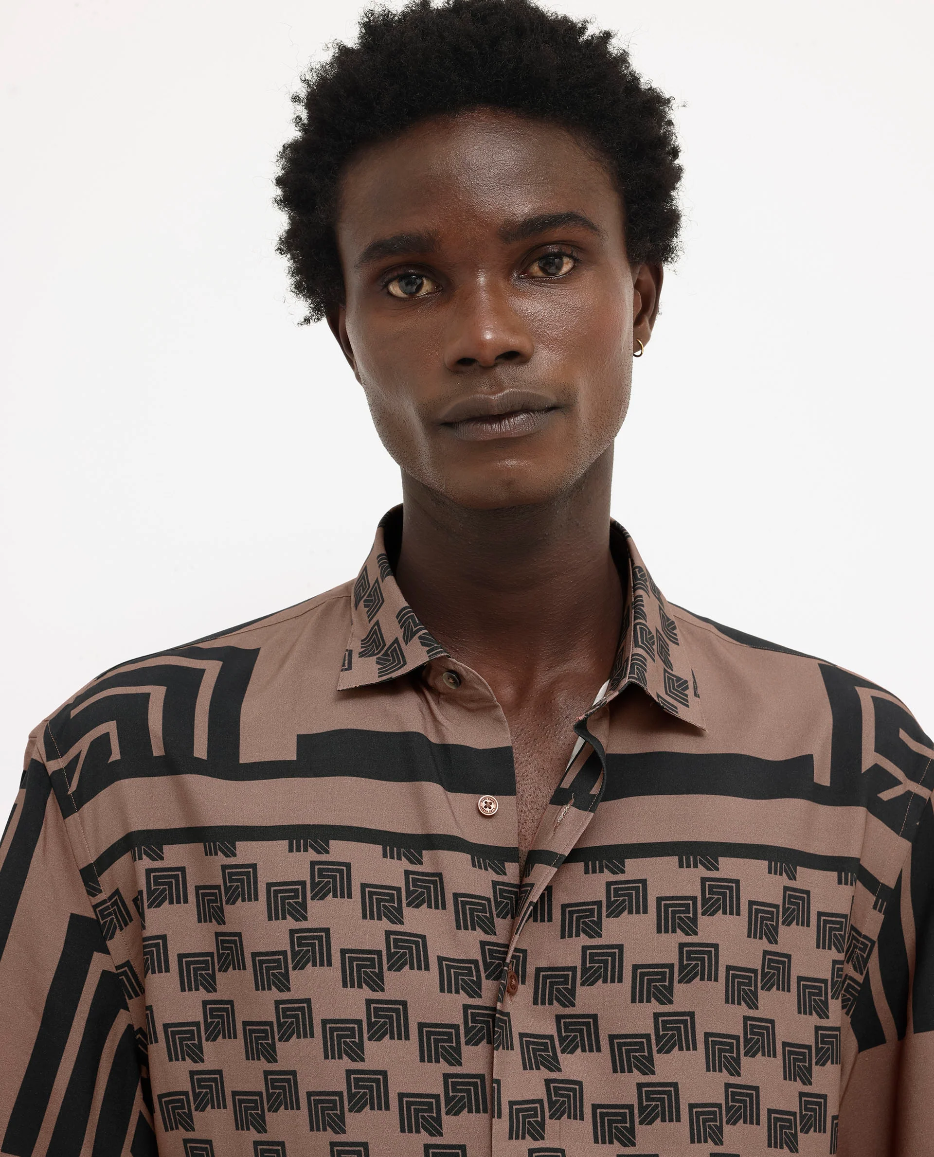 Rare Rabbit Men's Ade Brown Viscose Monogram Print Boxy Fit Half Sleeve Collared Shirt - Image 9