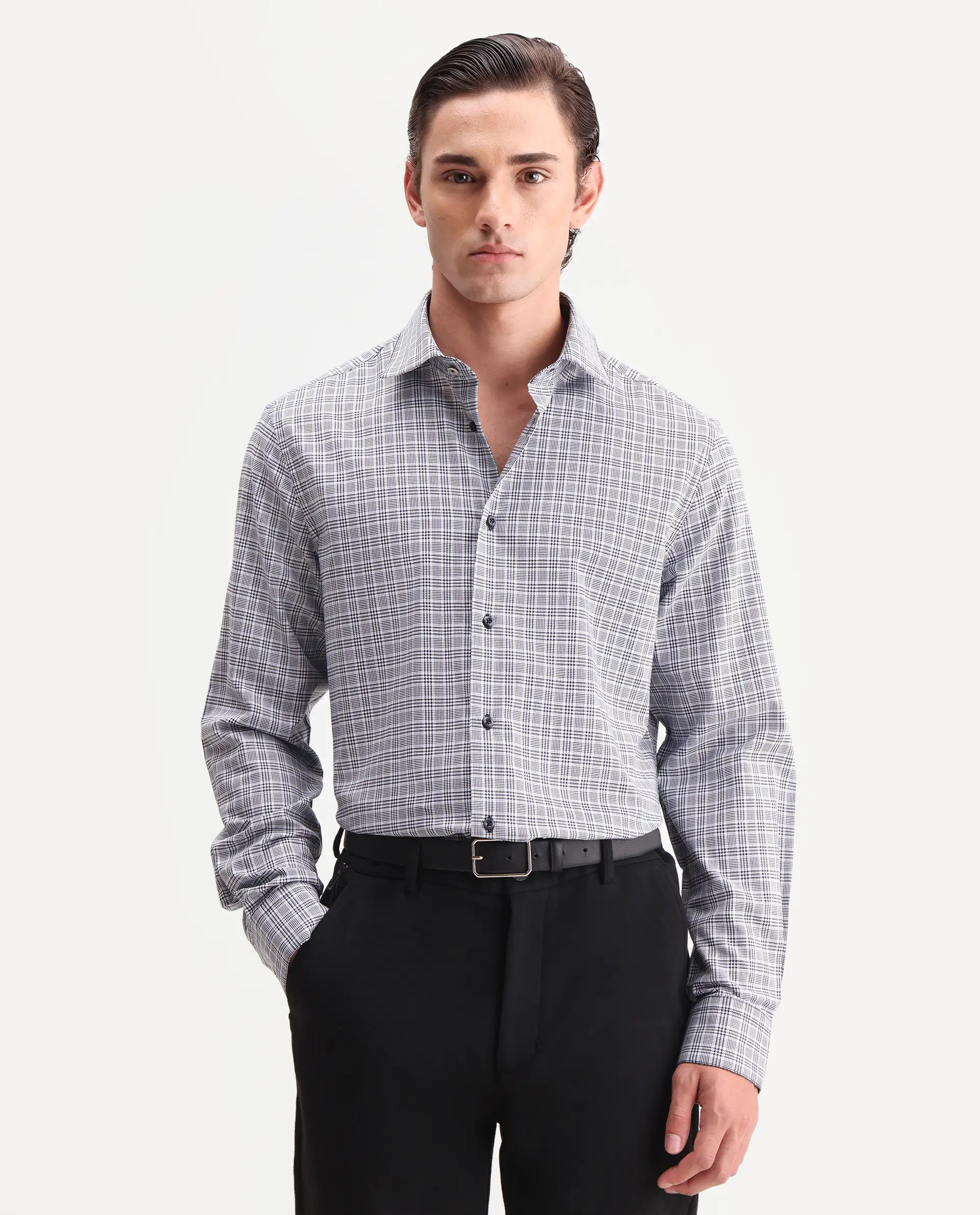 Rare Rabbit Men's Adel Navy Cotton Fabric Full Sleeve Spread Collar Button Regular Checked Shirt - Image 4