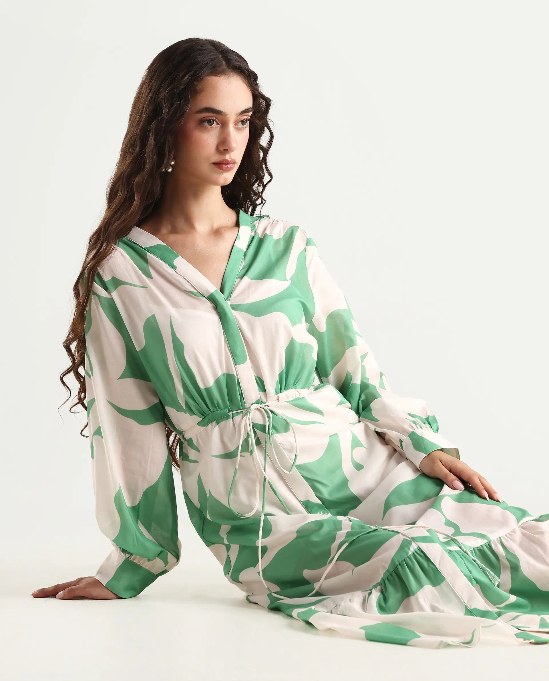 Rareism Women's Adeley Dusky Green Cotton V-Neck Abstract Print Cuffed Sleeve Maxi Regular Fit Shrug - Image 2