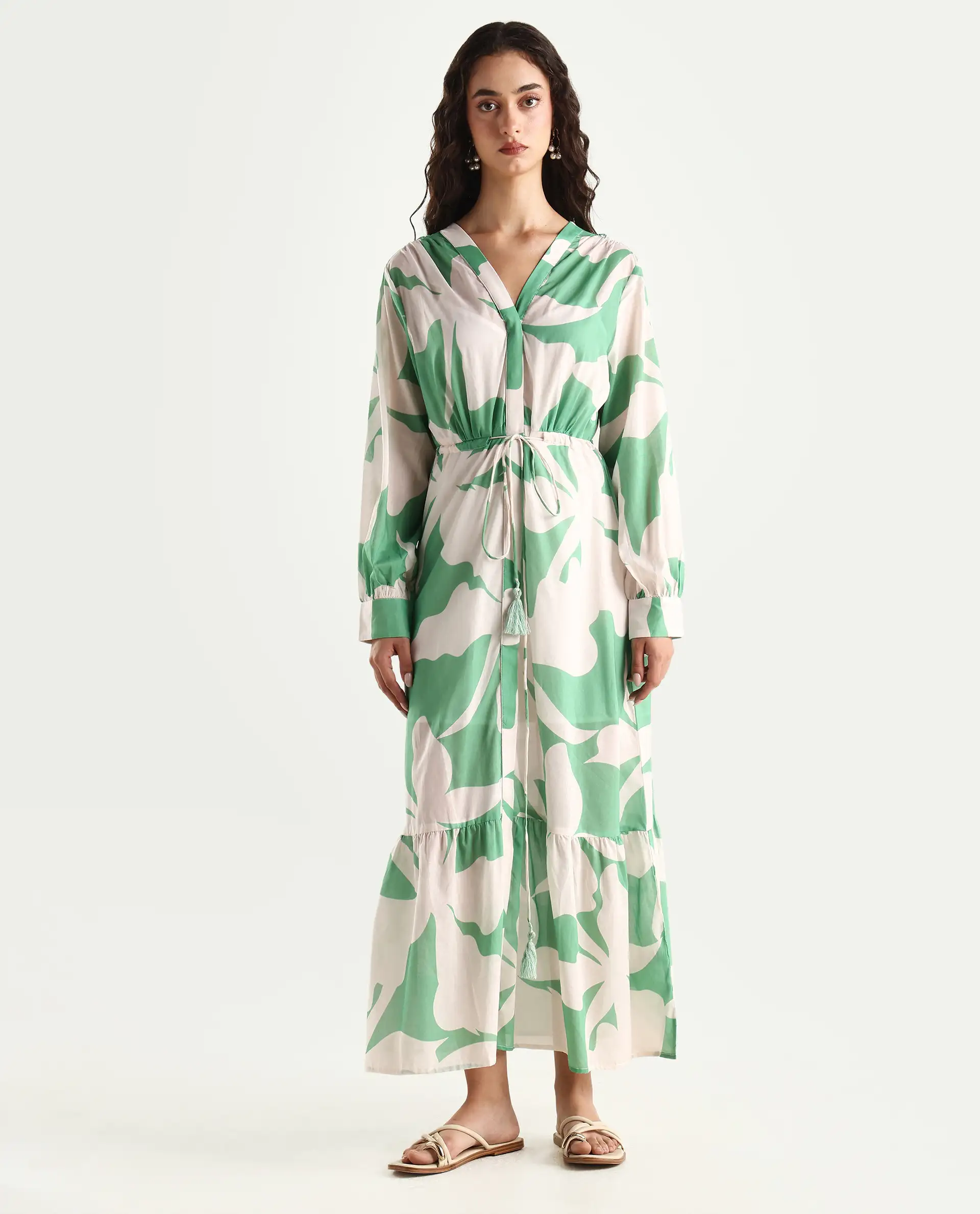 Rareism Women's Adeley Dusky Green Cotton V-Neck Abstract Print Cuffed Sleeve Maxi Regular Fit Shrug - Image 3