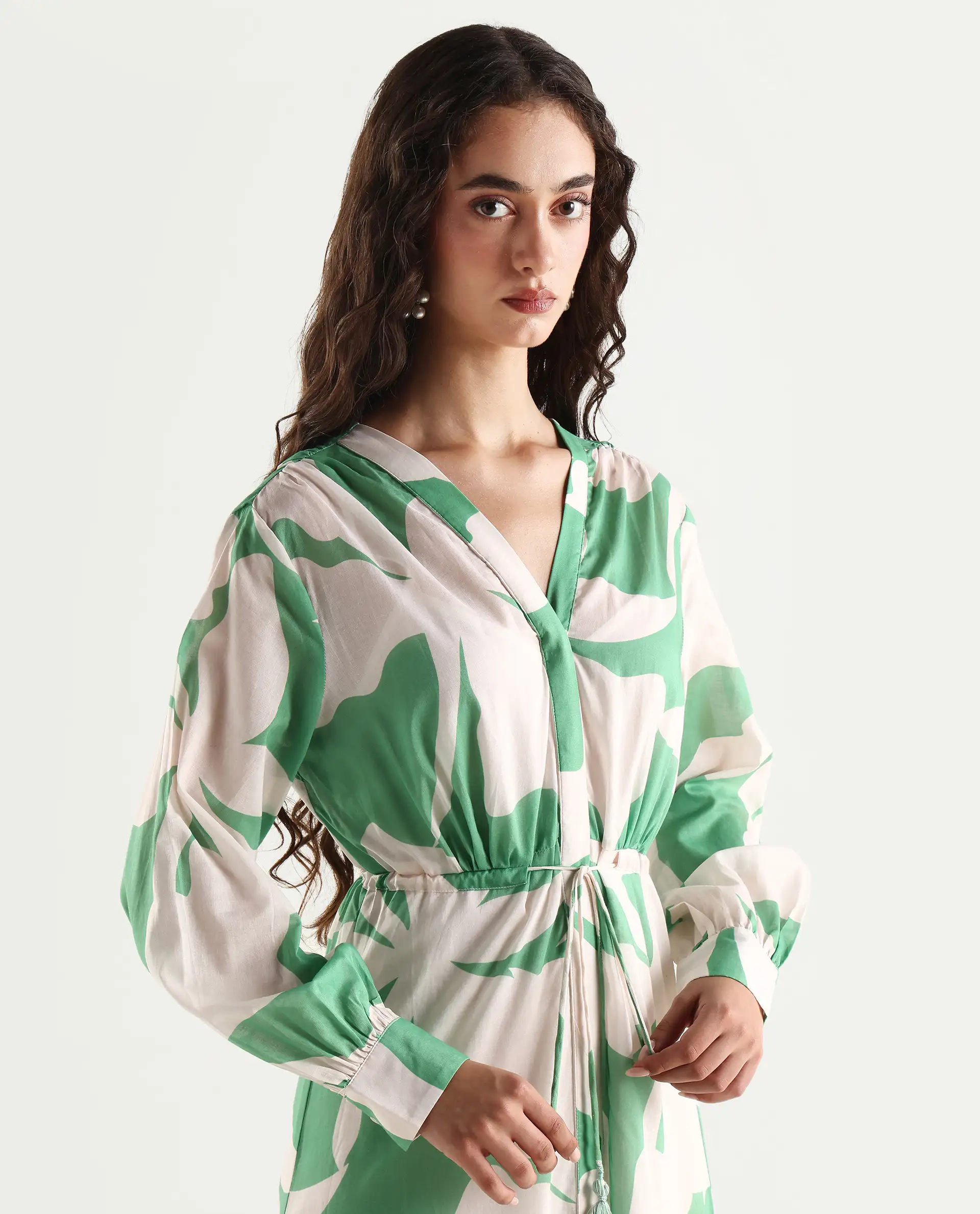 Rareism Women's Adeley Dusky Green Cotton V-Neck Abstract Print Cuffed Sleeve Maxi Regular Fit Shrug - Image 4