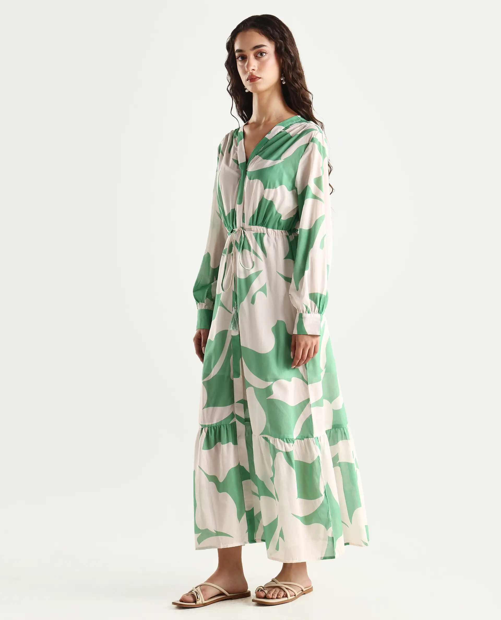Rareism Women's Adeley Dusky Green Cotton V-Neck Abstract Print Cuffed Sleeve Maxi Regular Fit Shrug - Image 5