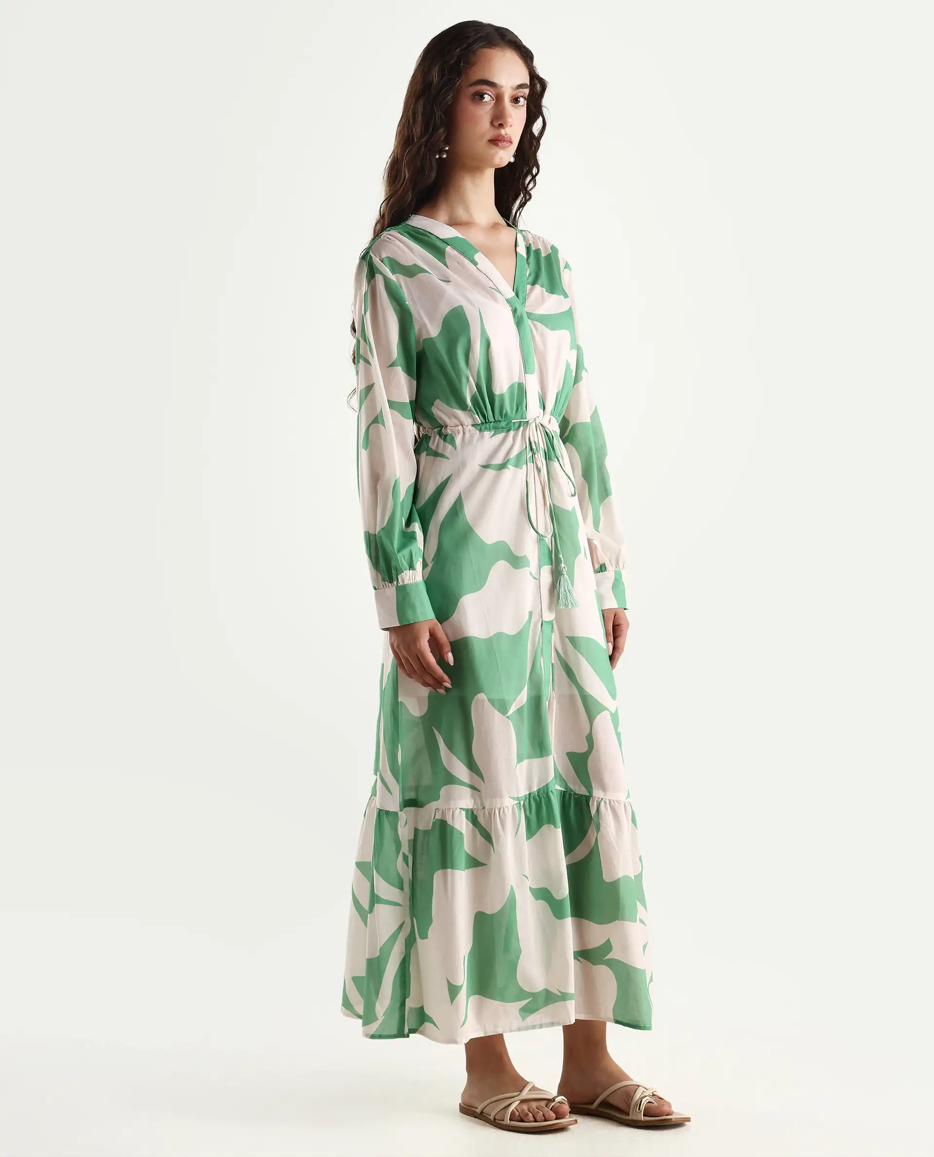 Rareism Women's Adeley Dusky Green Cotton V-Neck Abstract Print Cuffed Sleeve Maxi Regular Fit Shrug - Image 6