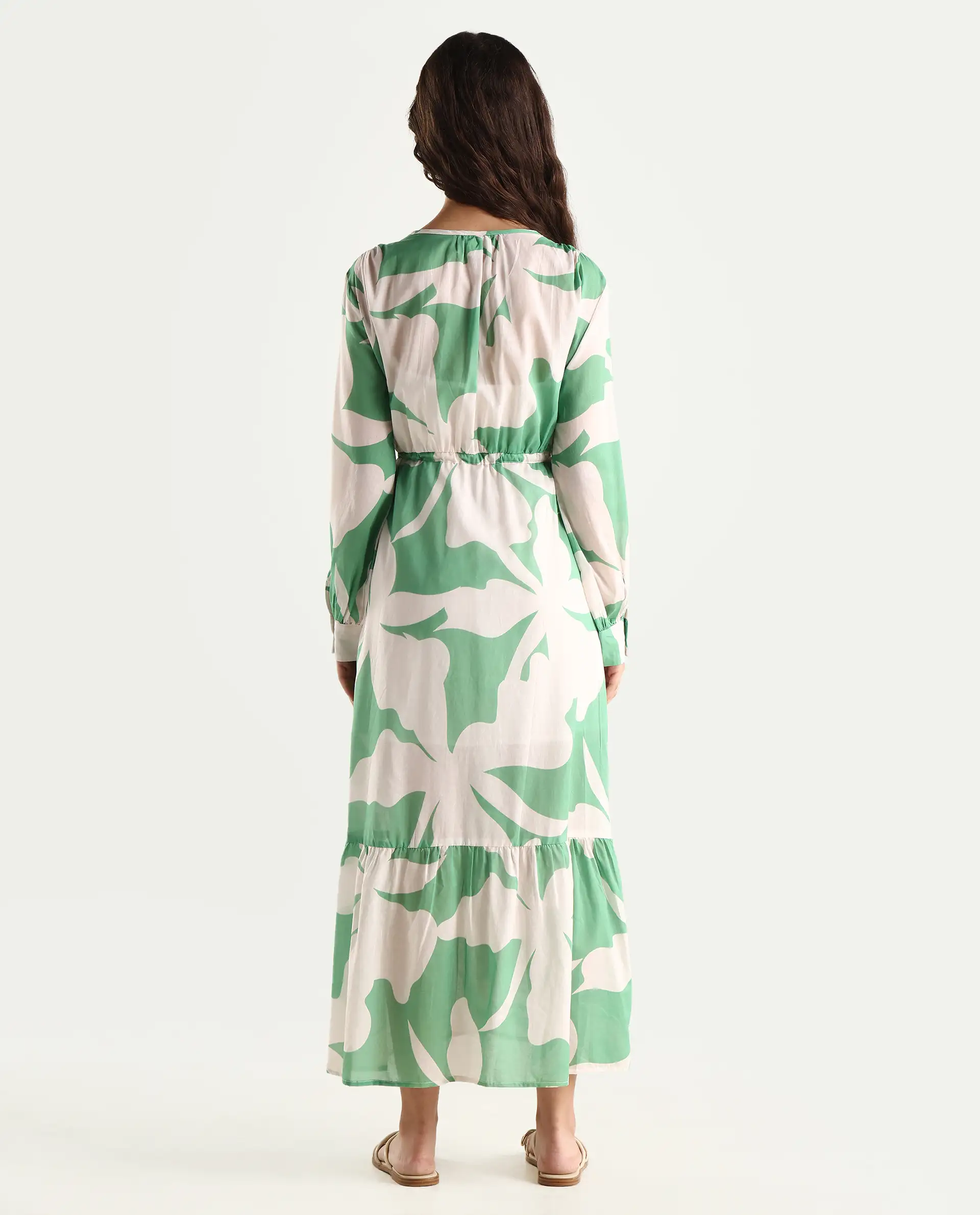 Rareism Women's Adeley Dusky Green Cotton V-Neck Abstract Print Cuffed Sleeve Maxi Regular Fit Shrug - Image 7