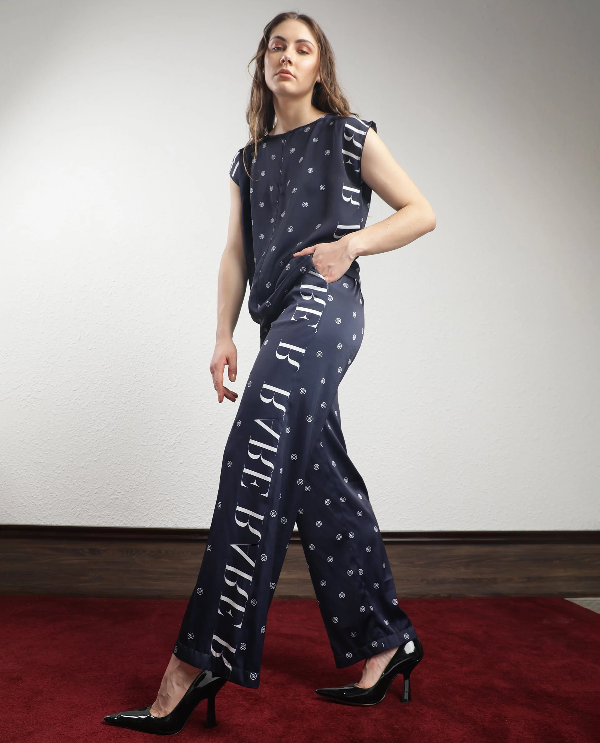 Rareism Women's Adelie Navy Polyester Polka Print Ankle Length Tailored Trouser - Image 3