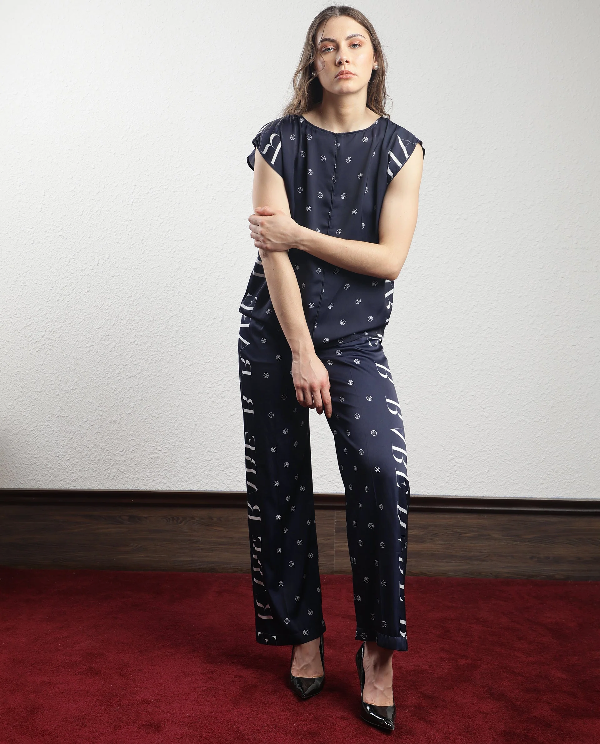 Rareism Women's Adelie Navy Polyester Polka Print Ankle Length Tailored Trouser - Image 6