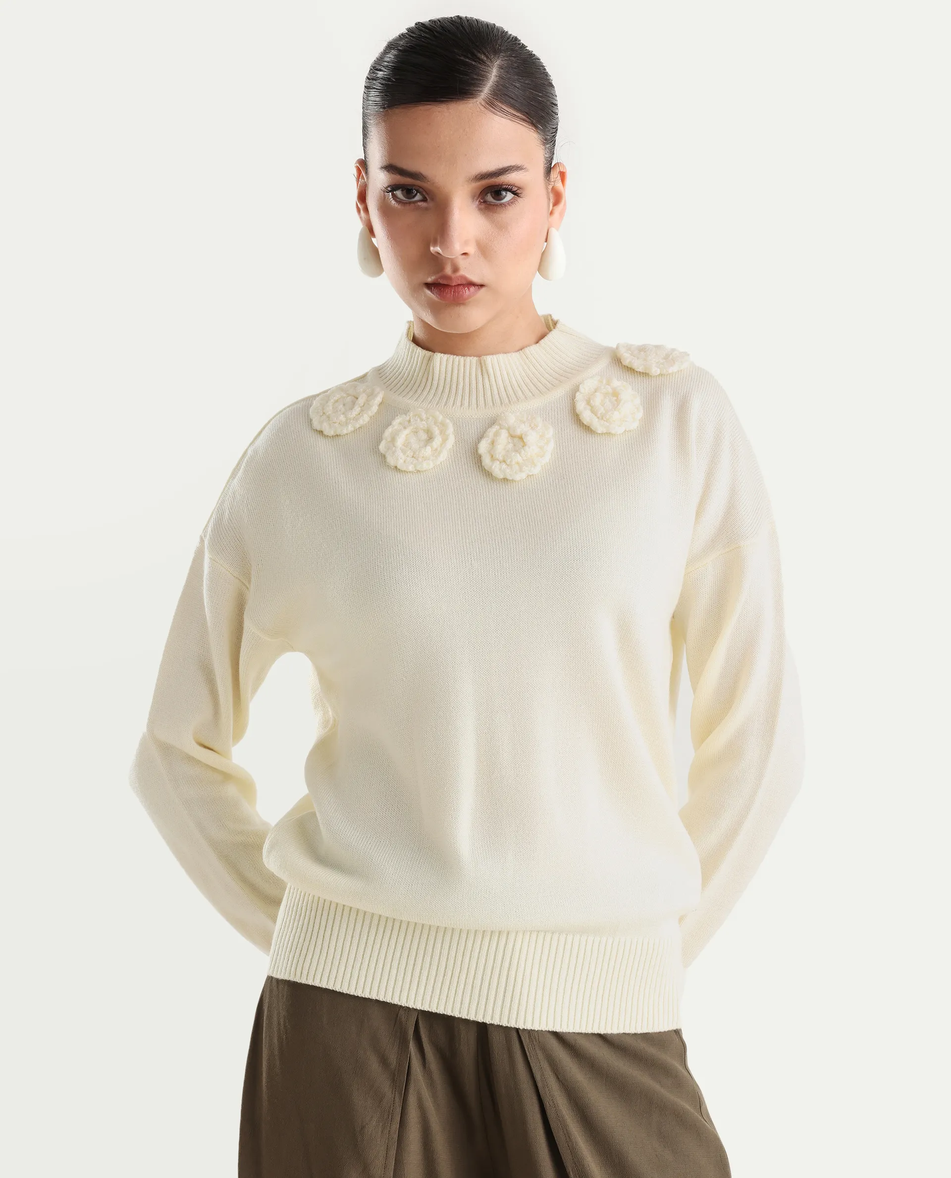 Rareism Women's Adhara Off White Acrylic High Neck Plain Regular Fit Sweater - Image 2