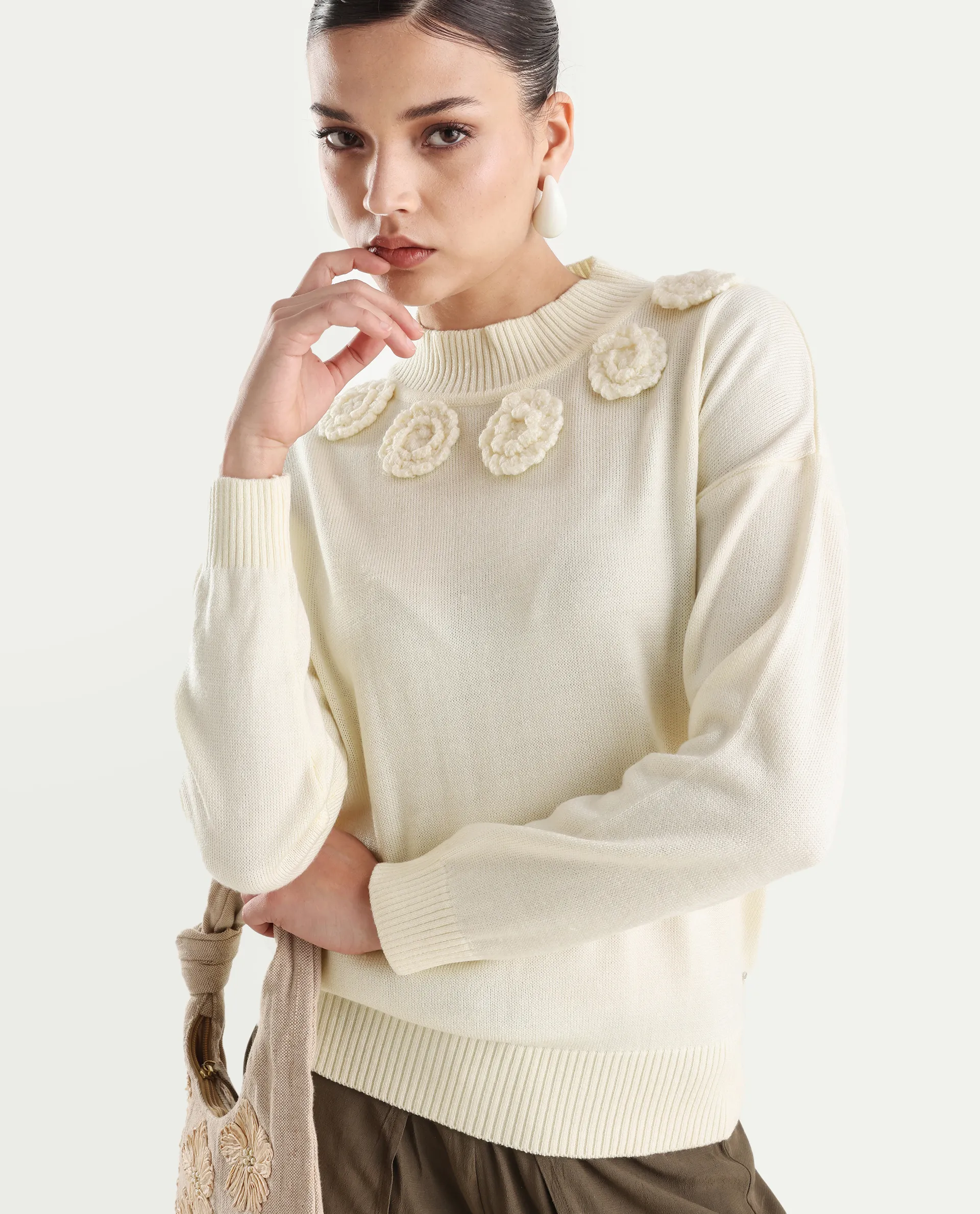 Rareism Women's Adhara Off White Acrylic High Neck Plain Regular Fit Sweater - Image 3